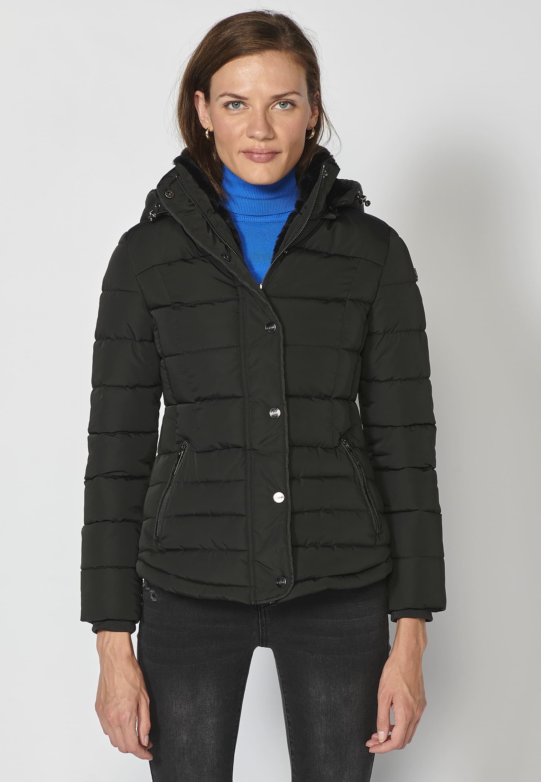 Short padded parka jacket with hooded collar in Black for Women