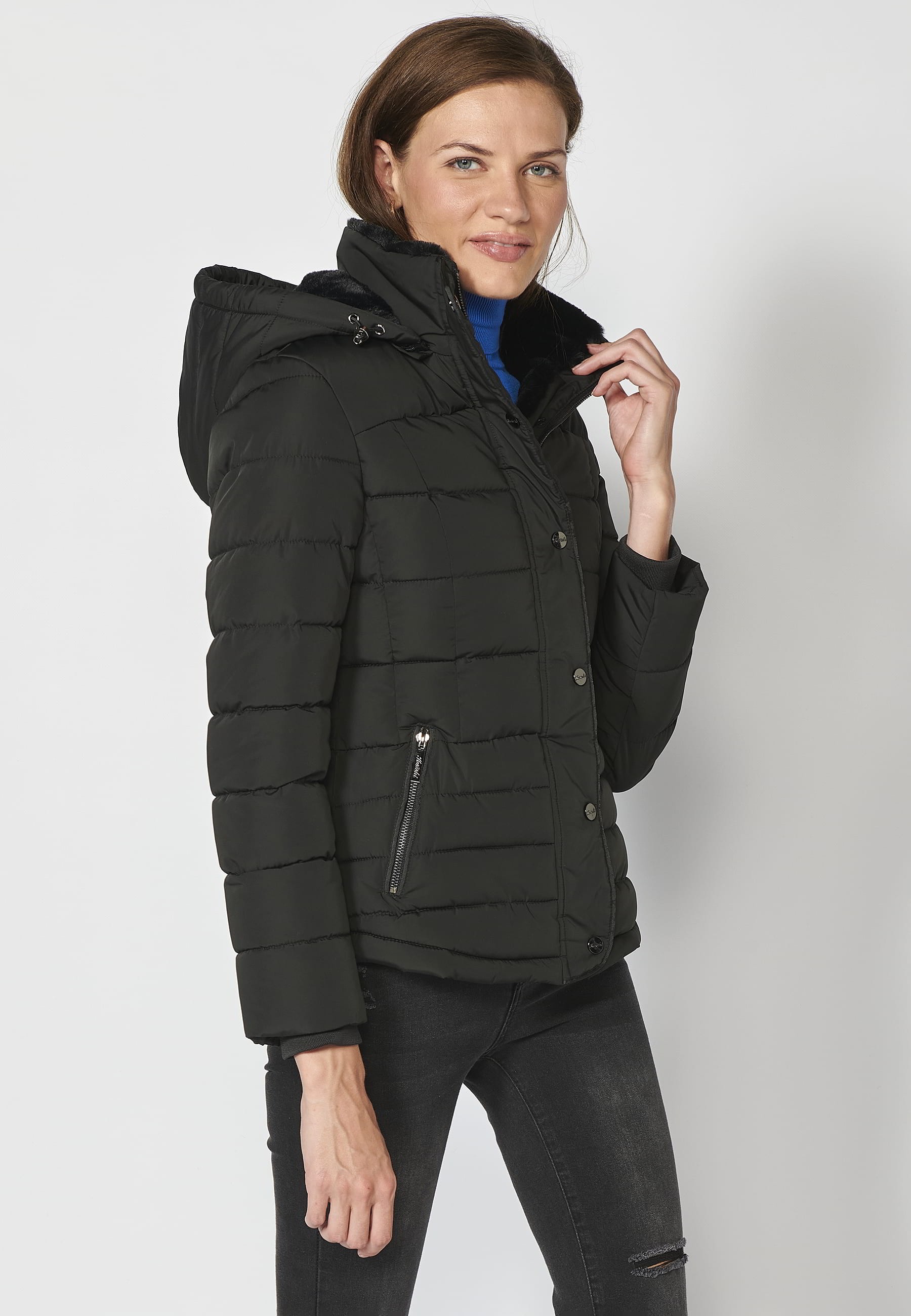 Short padded parka jacket with hooded collar in Black for Women