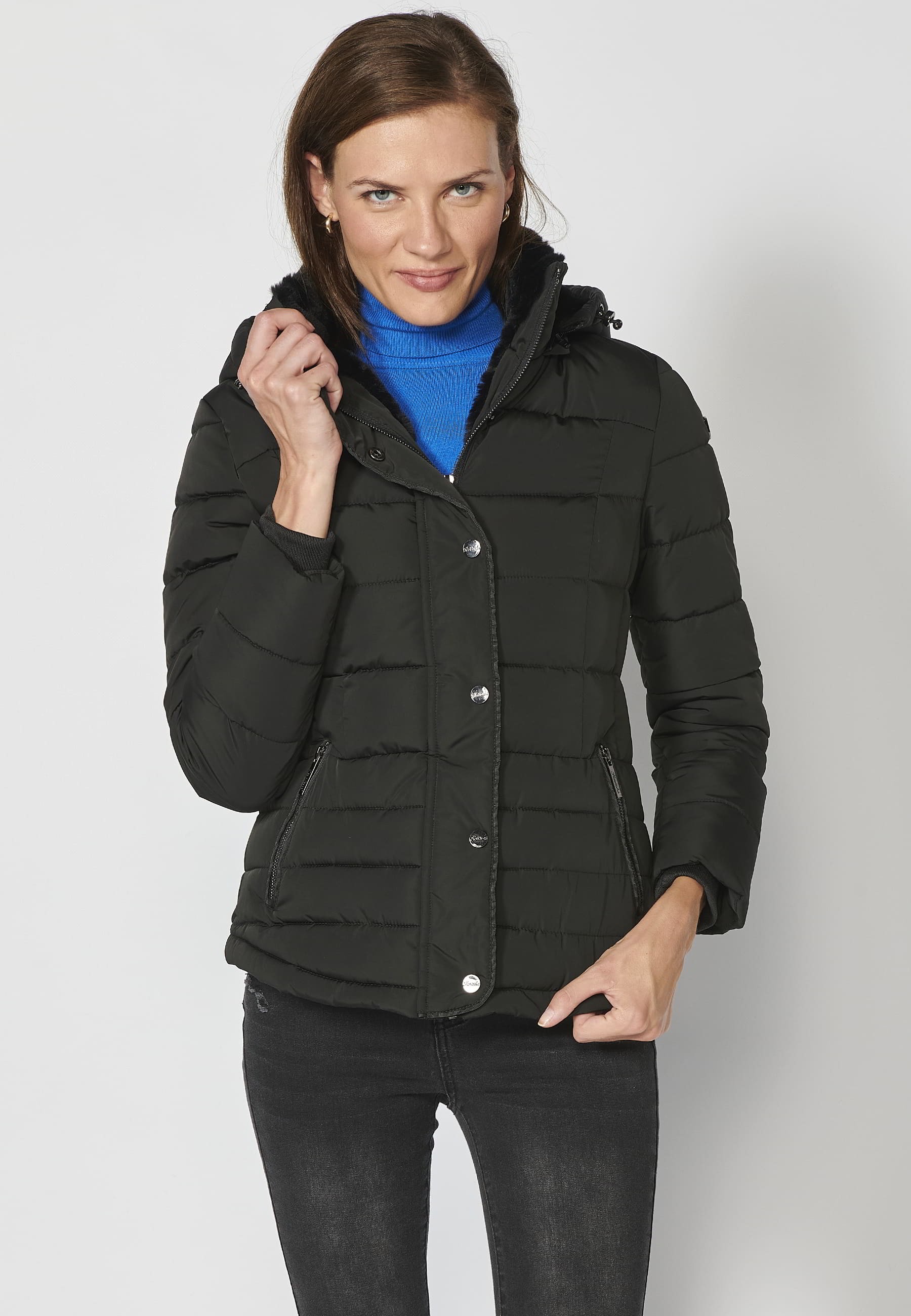 Short padded parka jacket with hooded collar in Black for Women