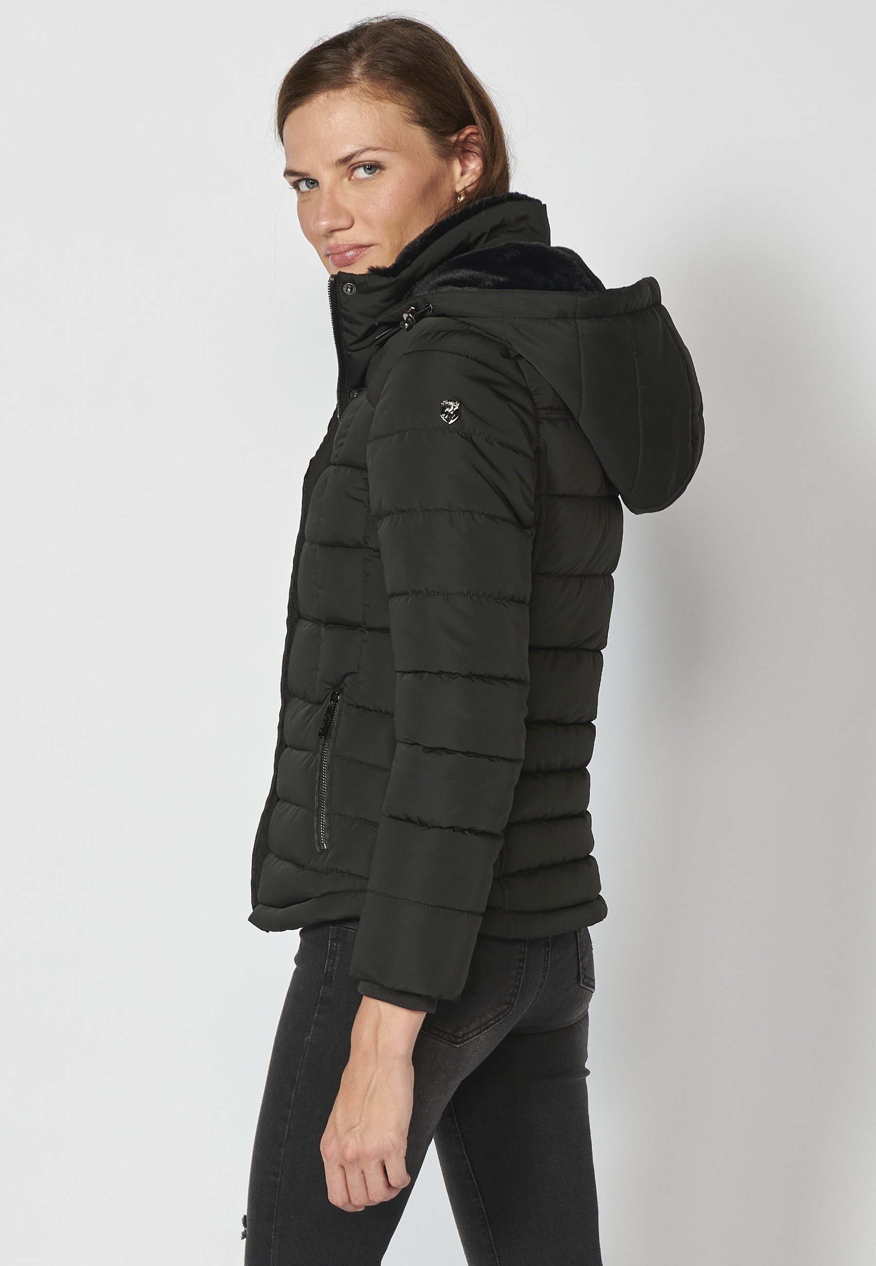 Short padded parka jacket with hooded collar in Black for Women