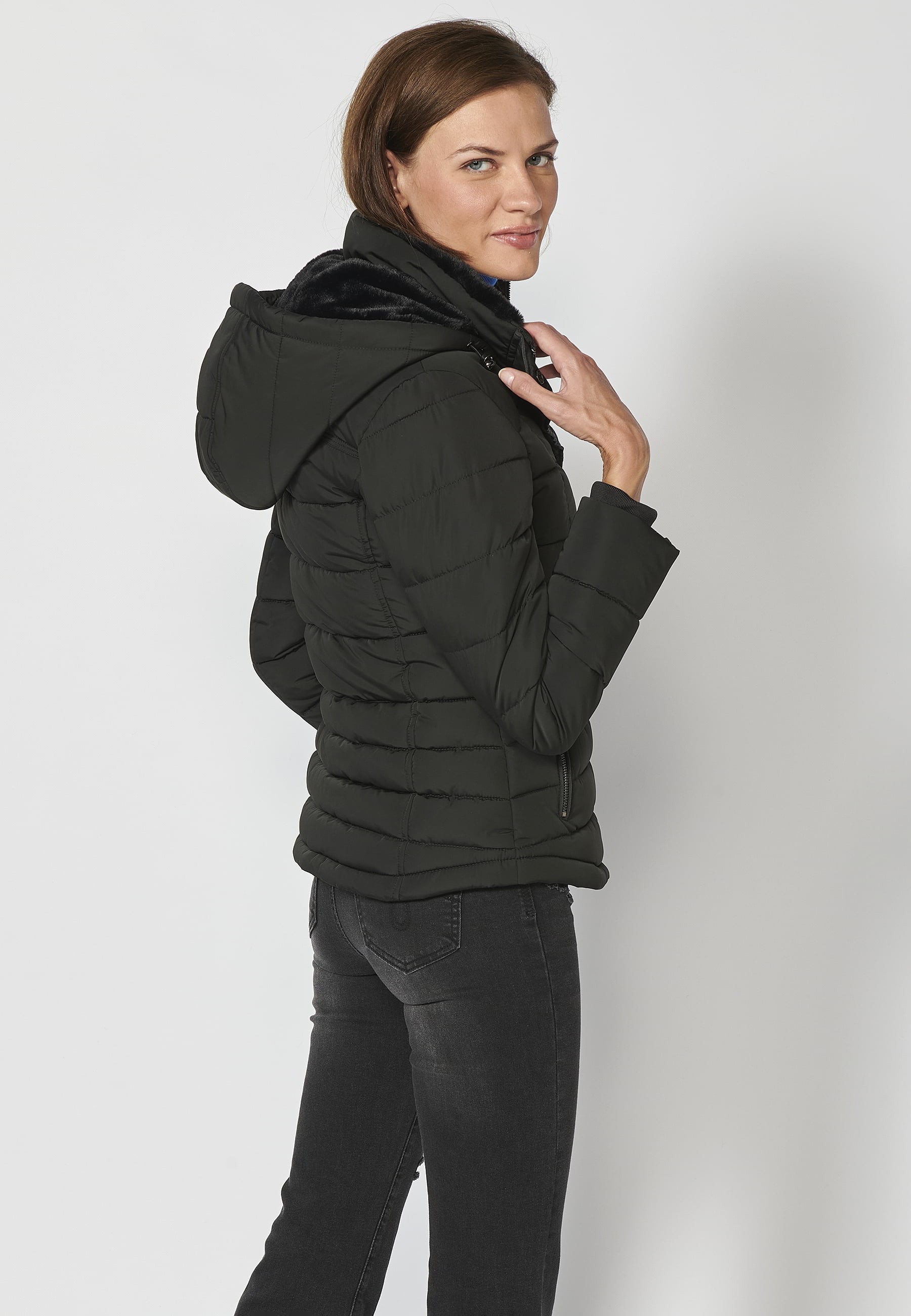 Short padded parka jacket with hooded collar in Black for Women