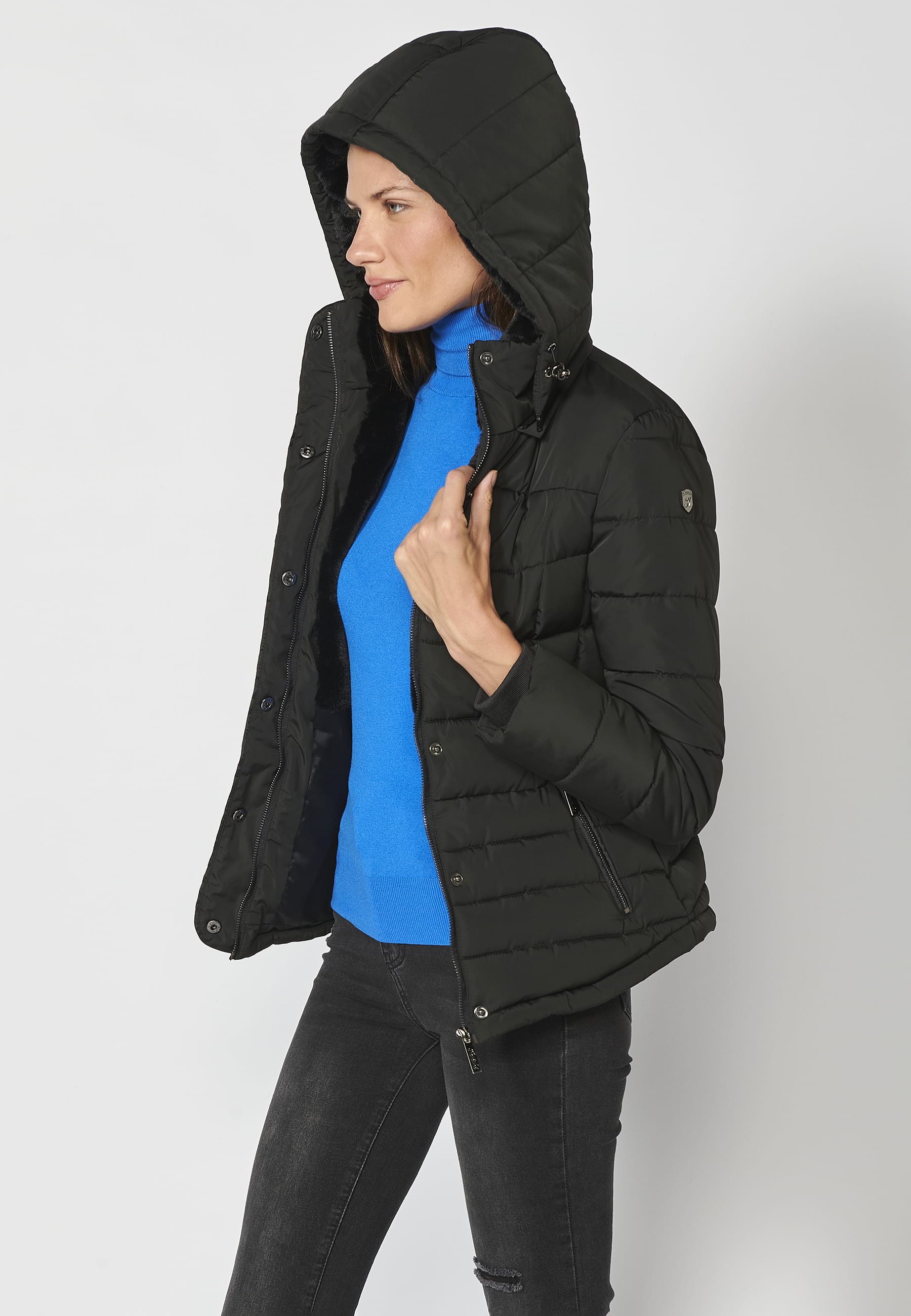 Short padded parka jacket with hooded collar in Black for Women