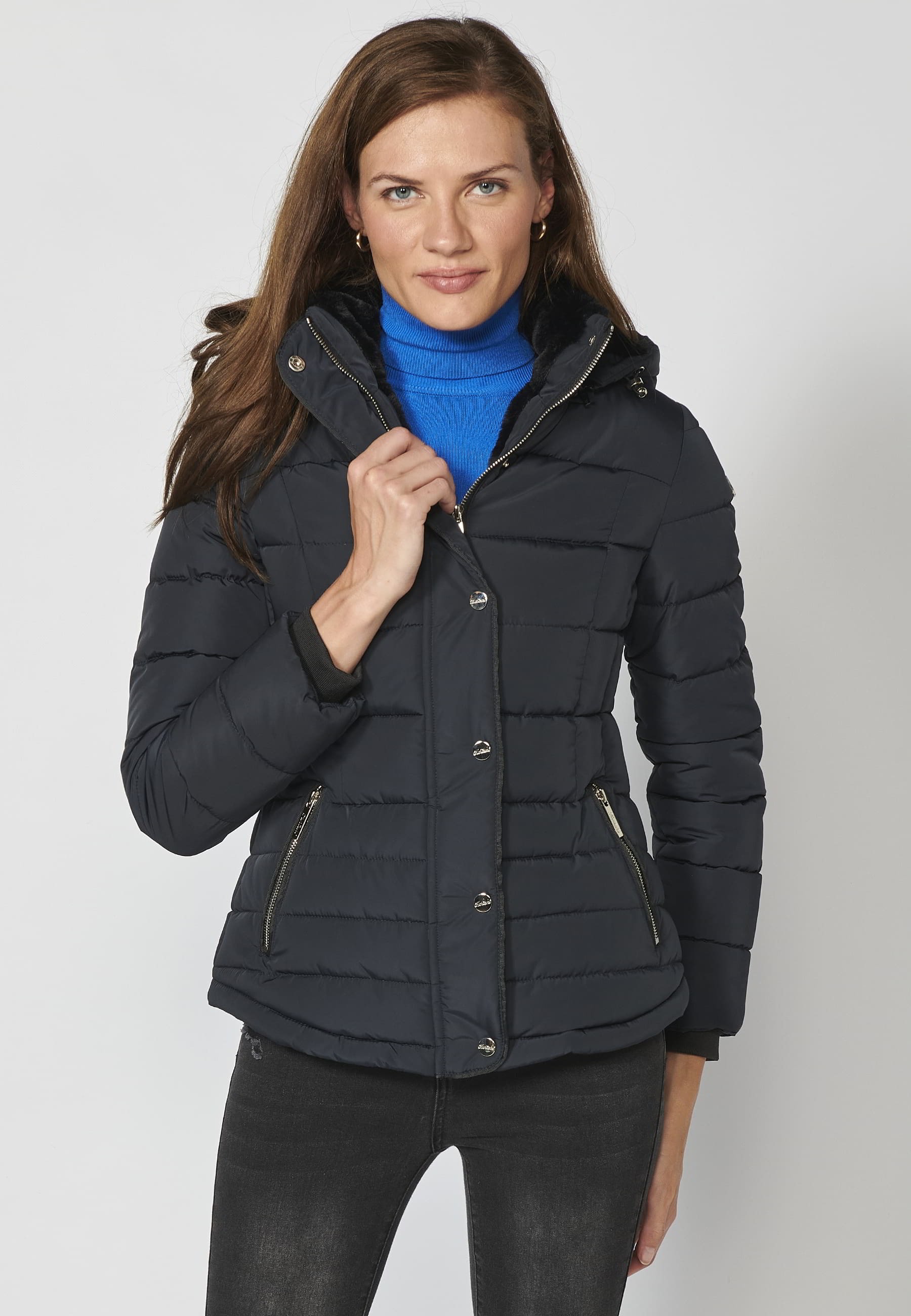 Short padded parka jacket with hooded collar in Navy for Women