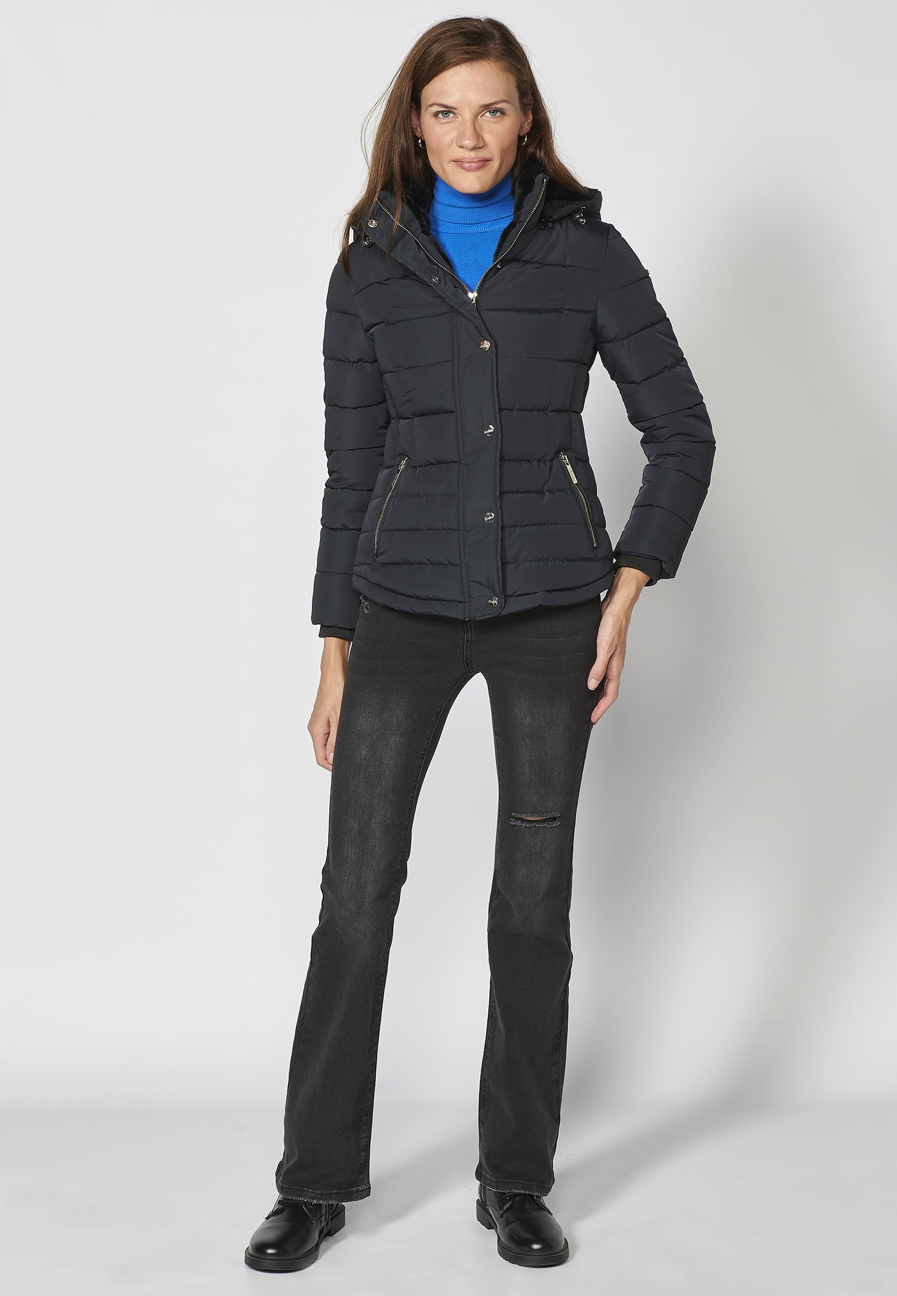 Chaqueta parka acolchada corta con cuello con capucha color Navy para Mujer 3