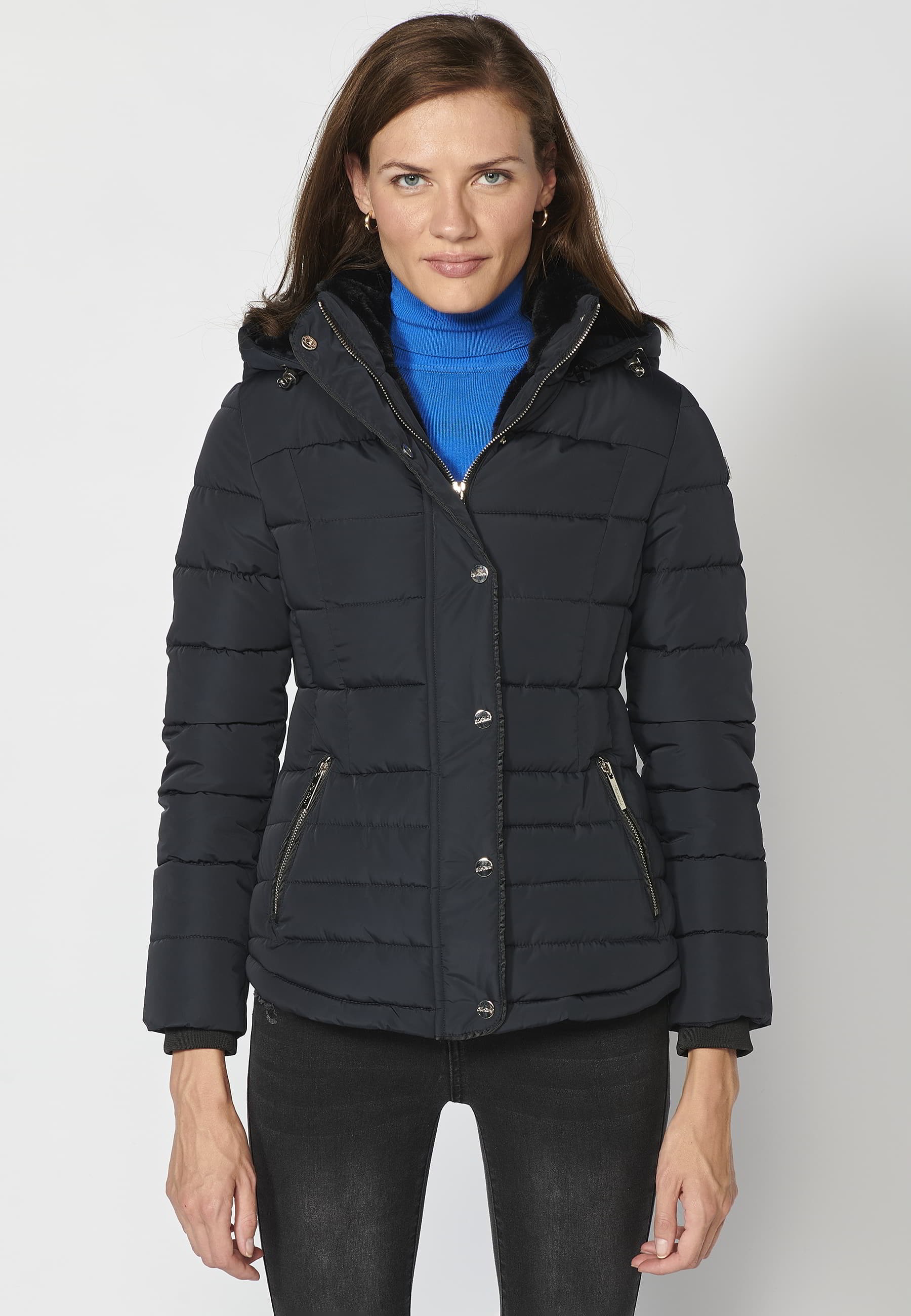 Short padded parka jacket with hooded collar in Navy for Women 1