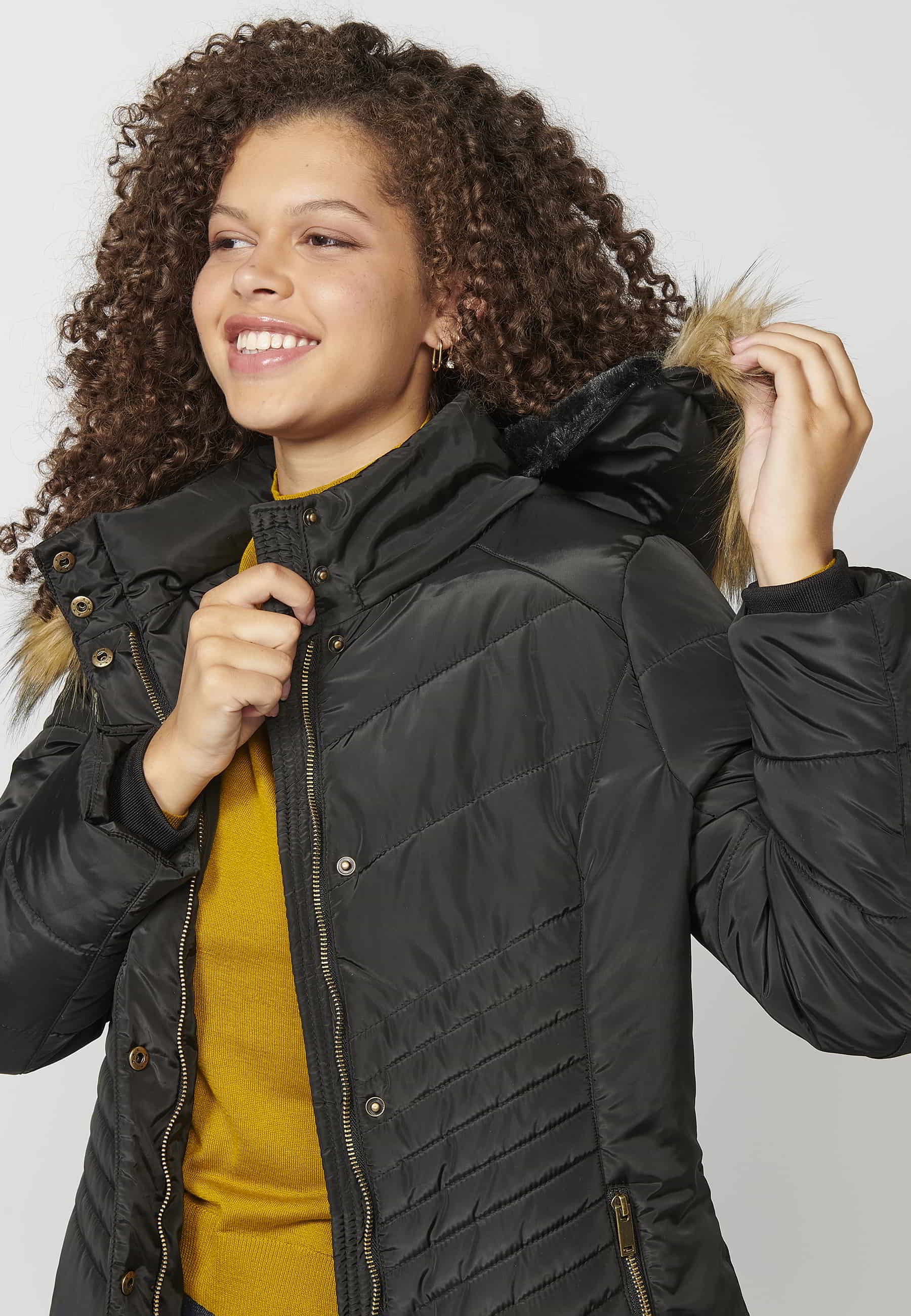 Long-sleeved padded jacket with high collar with hood and detachable fur in Black for Women