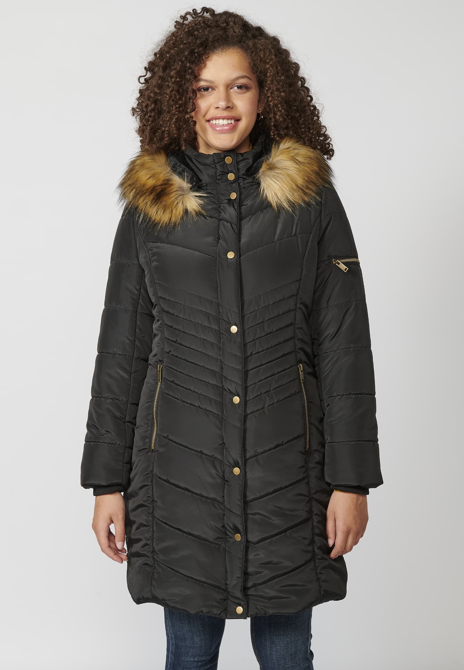 Long-sleeved padded jacket with high collar with hood and detachable fur in Black for Women