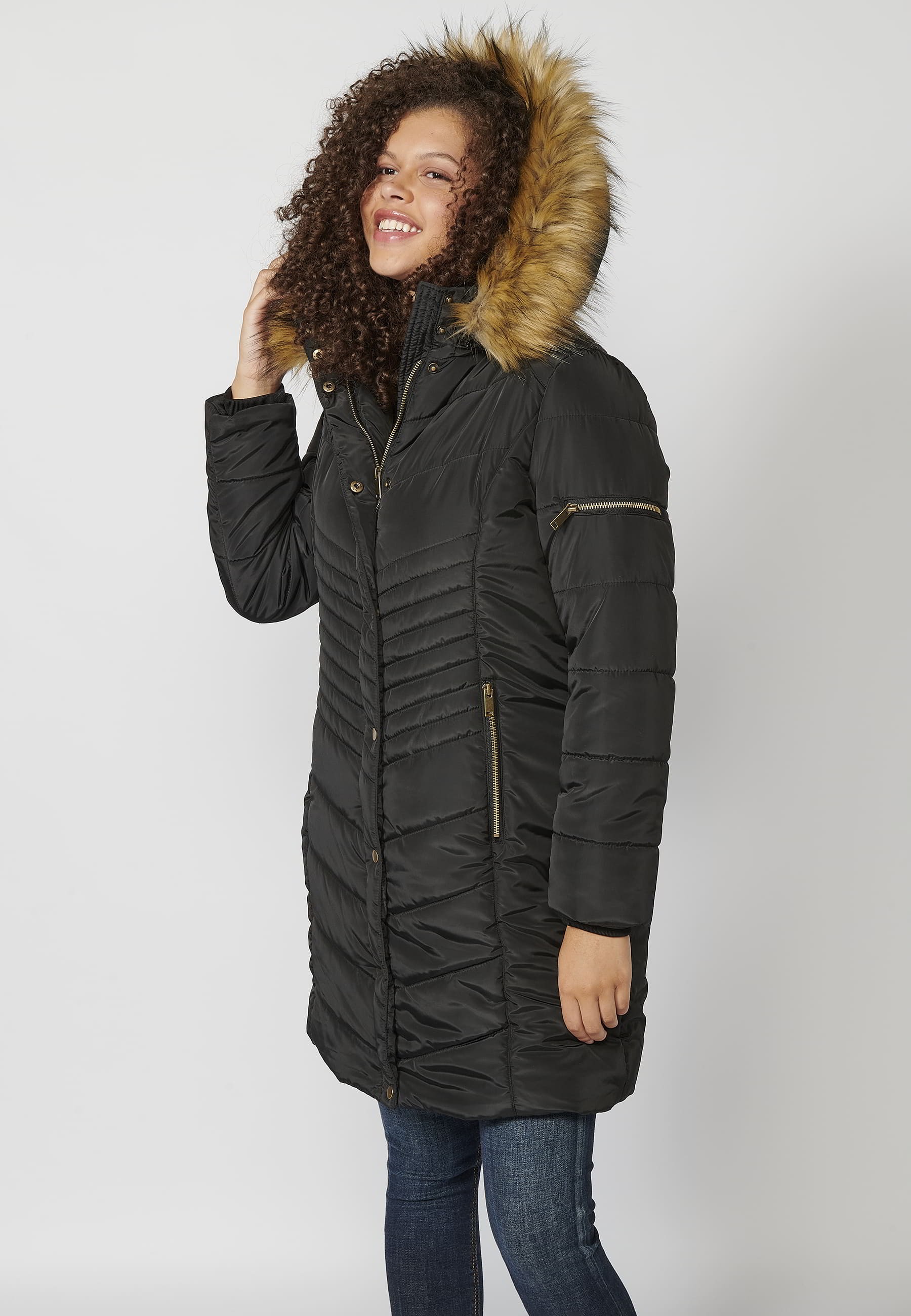 Long-sleeved padded jacket with high collar with hood and detachable fur in Black for Women