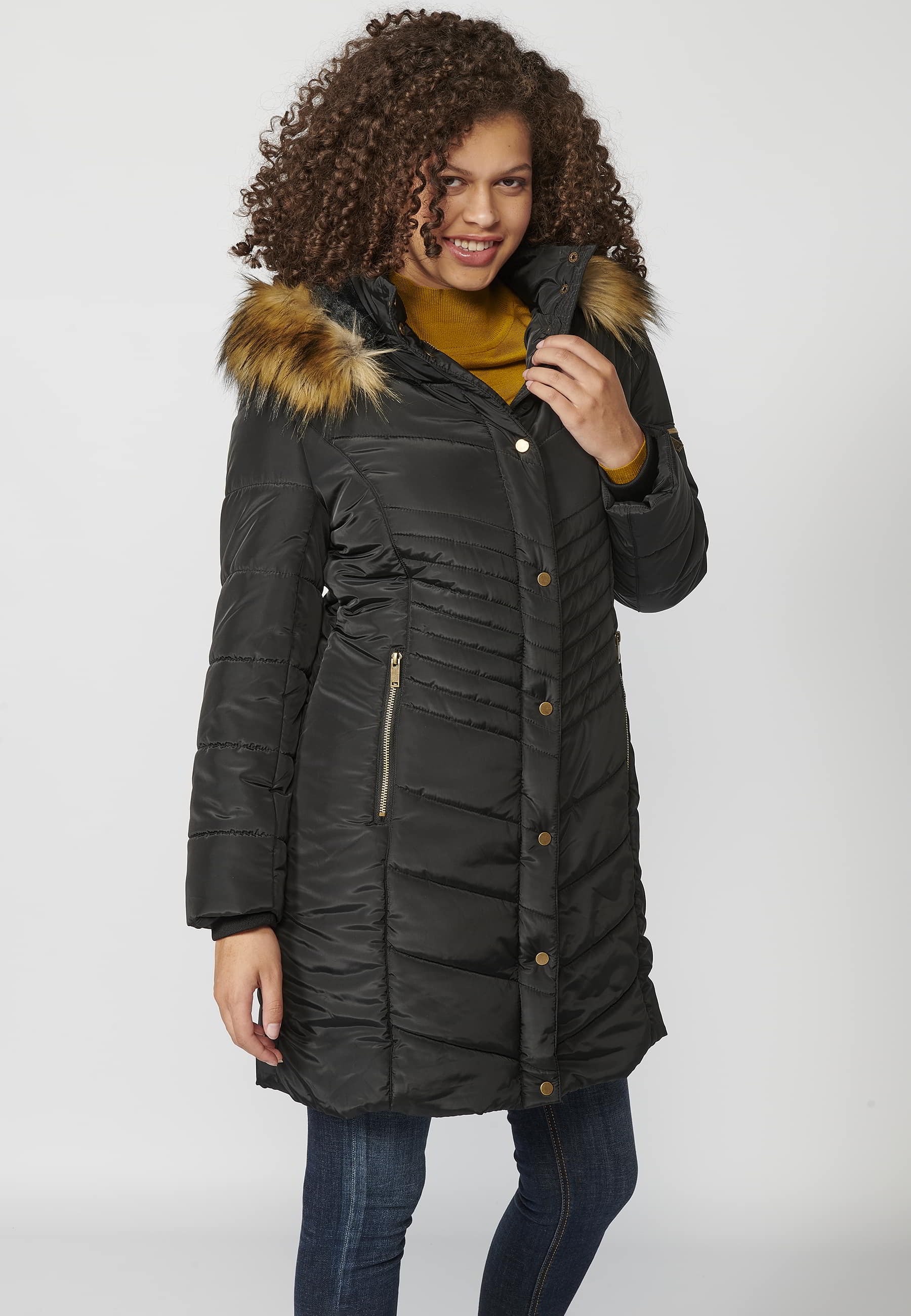 Long-sleeved padded jacket with high collar with hood and detachable fur in Black for Women