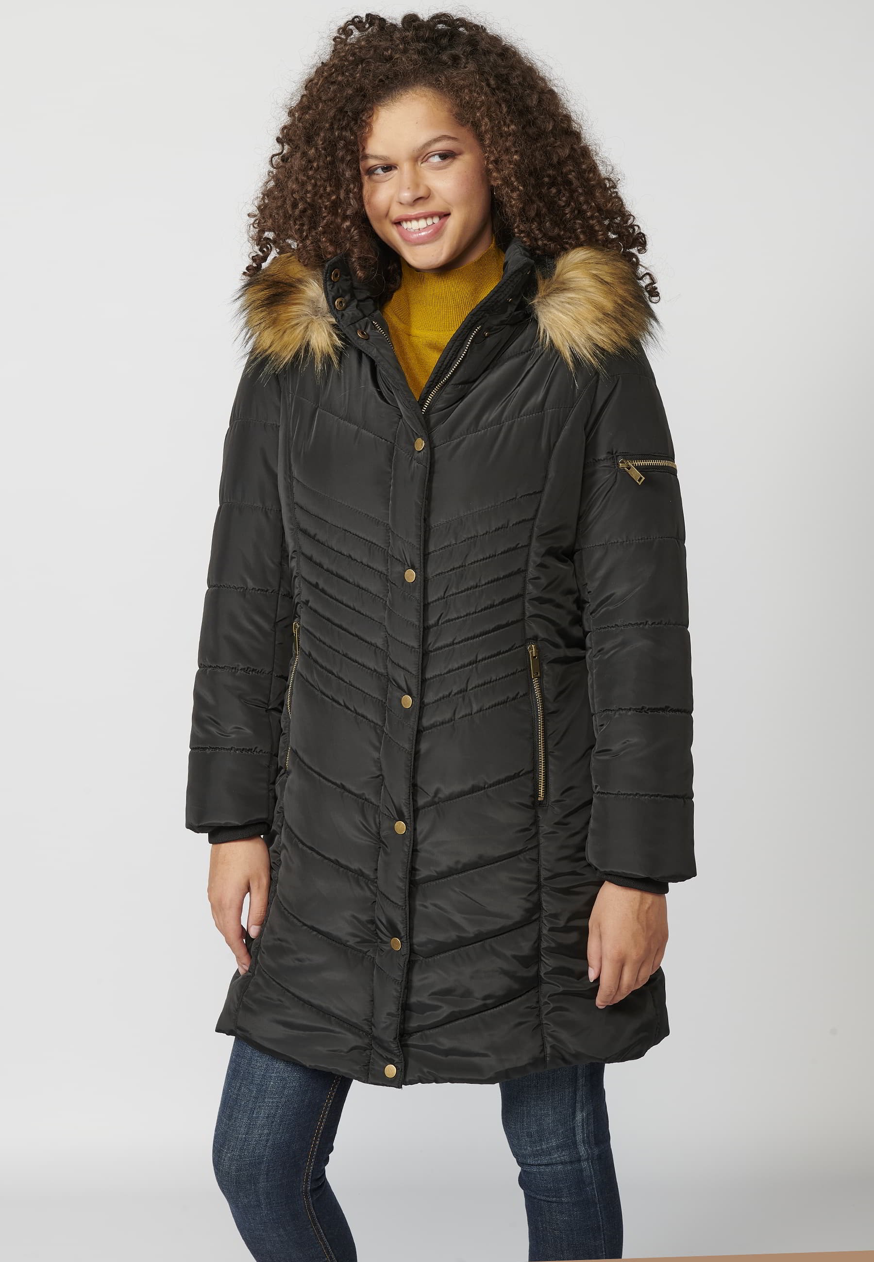 Long-sleeved padded jacket with high collar with hood and detachable fur in Black for Women