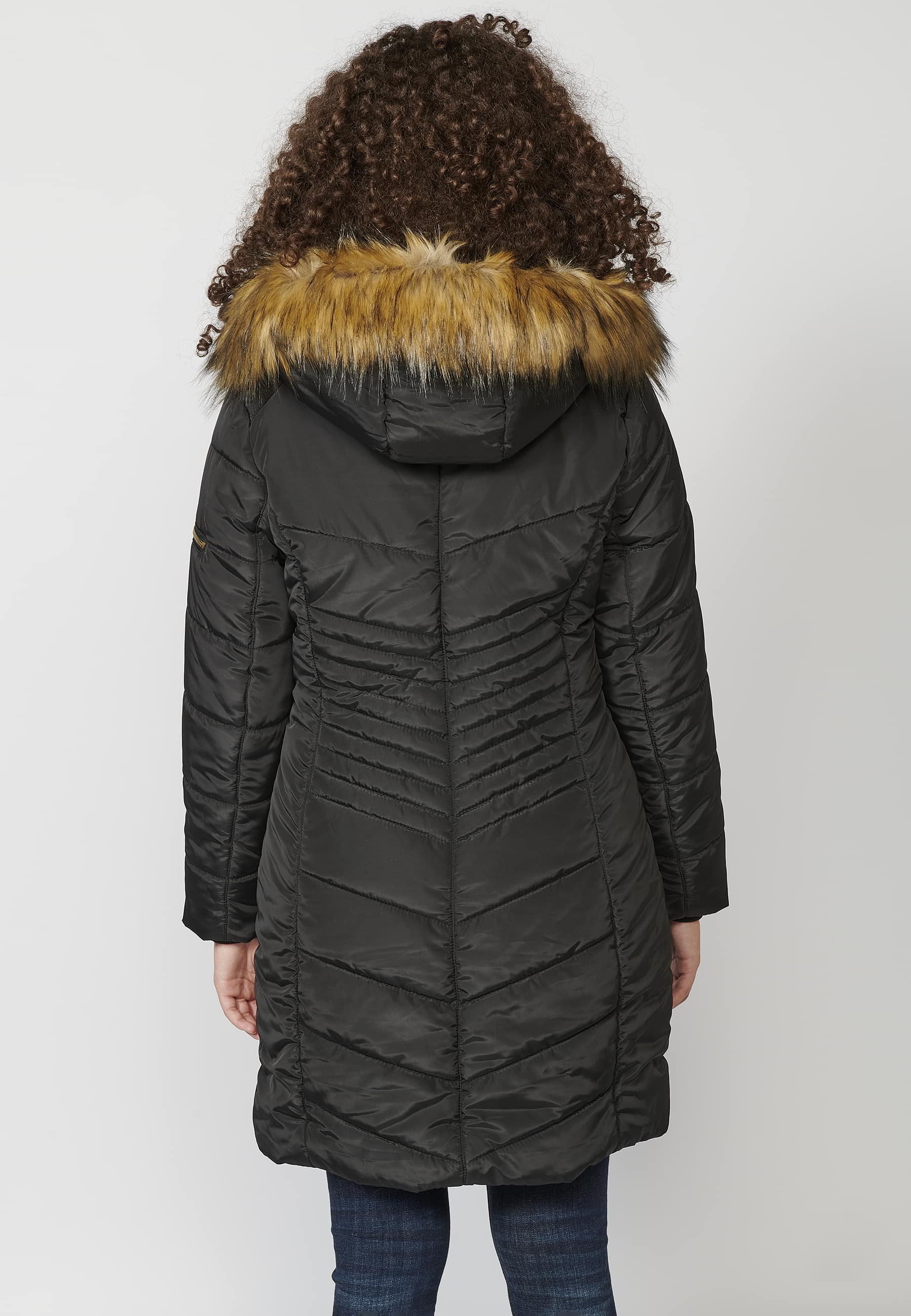 Long-sleeved padded jacket with high collar with hood and detachable fur in Black for Women