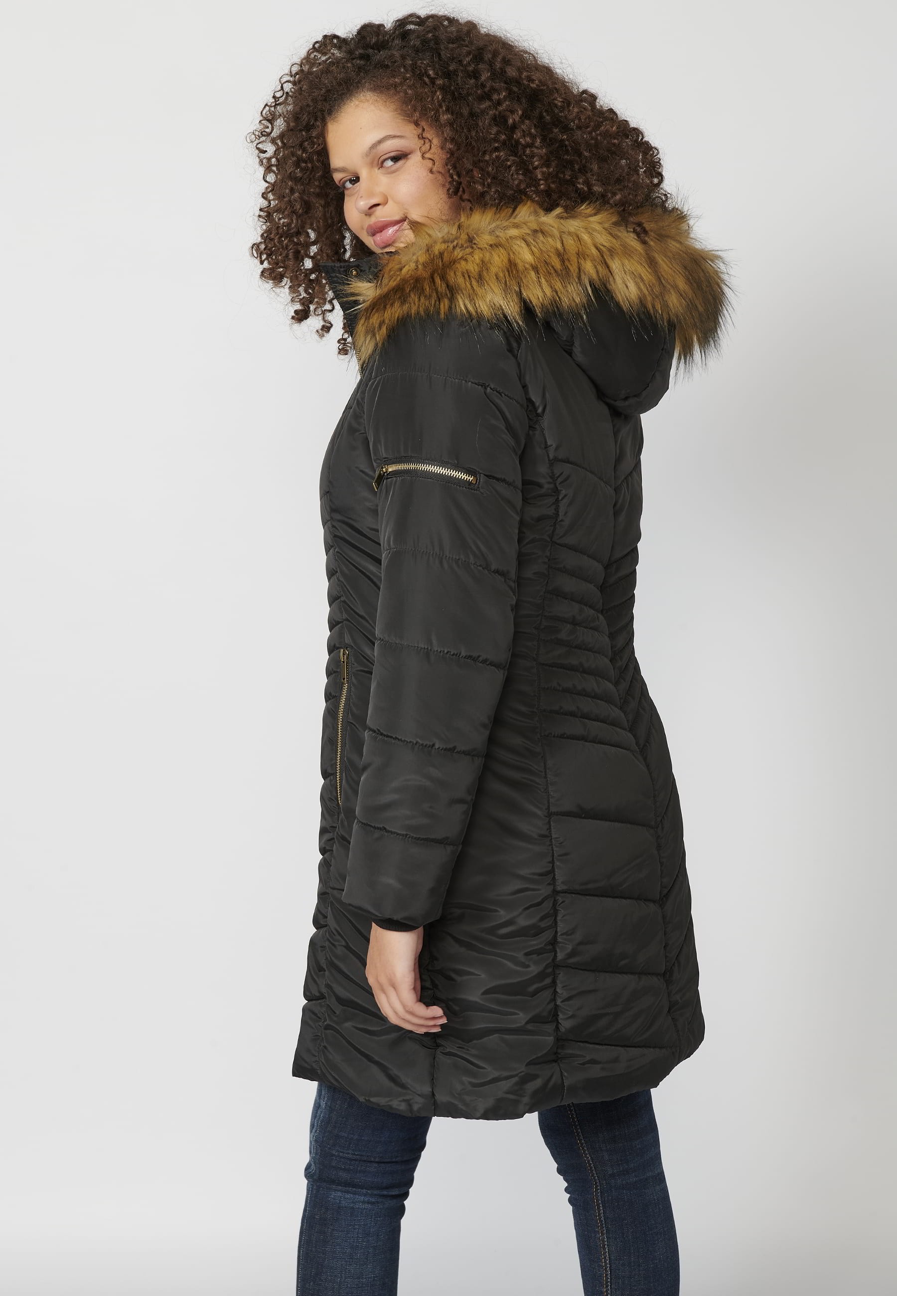 Long-sleeved padded jacket with high collar with hood and detachable fur in Black for Women