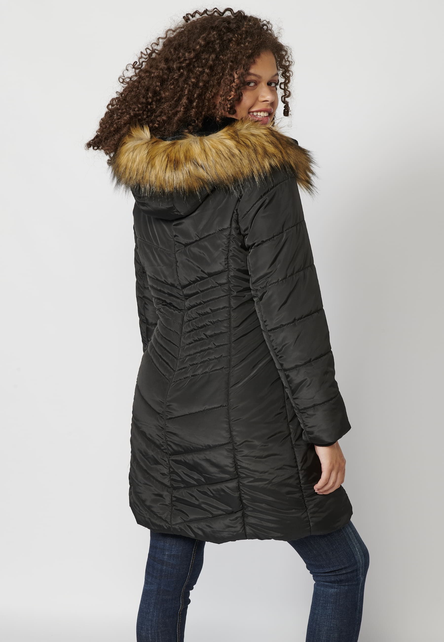 Long-sleeved padded jacket with high collar with hood and detachable fur in Black for Women