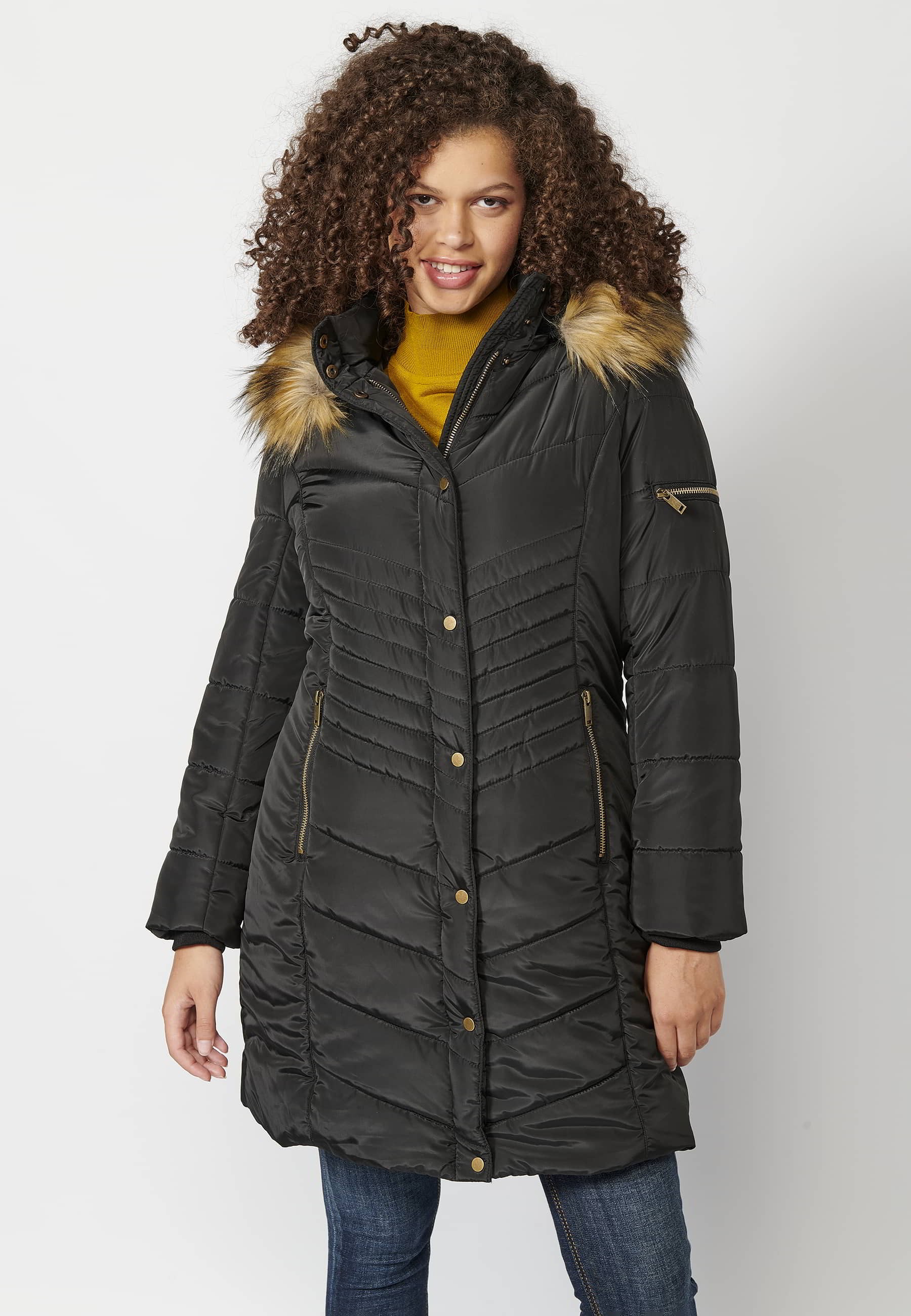 Long-sleeved padded jacket with high collar with hood and detachable fur in Black for Women