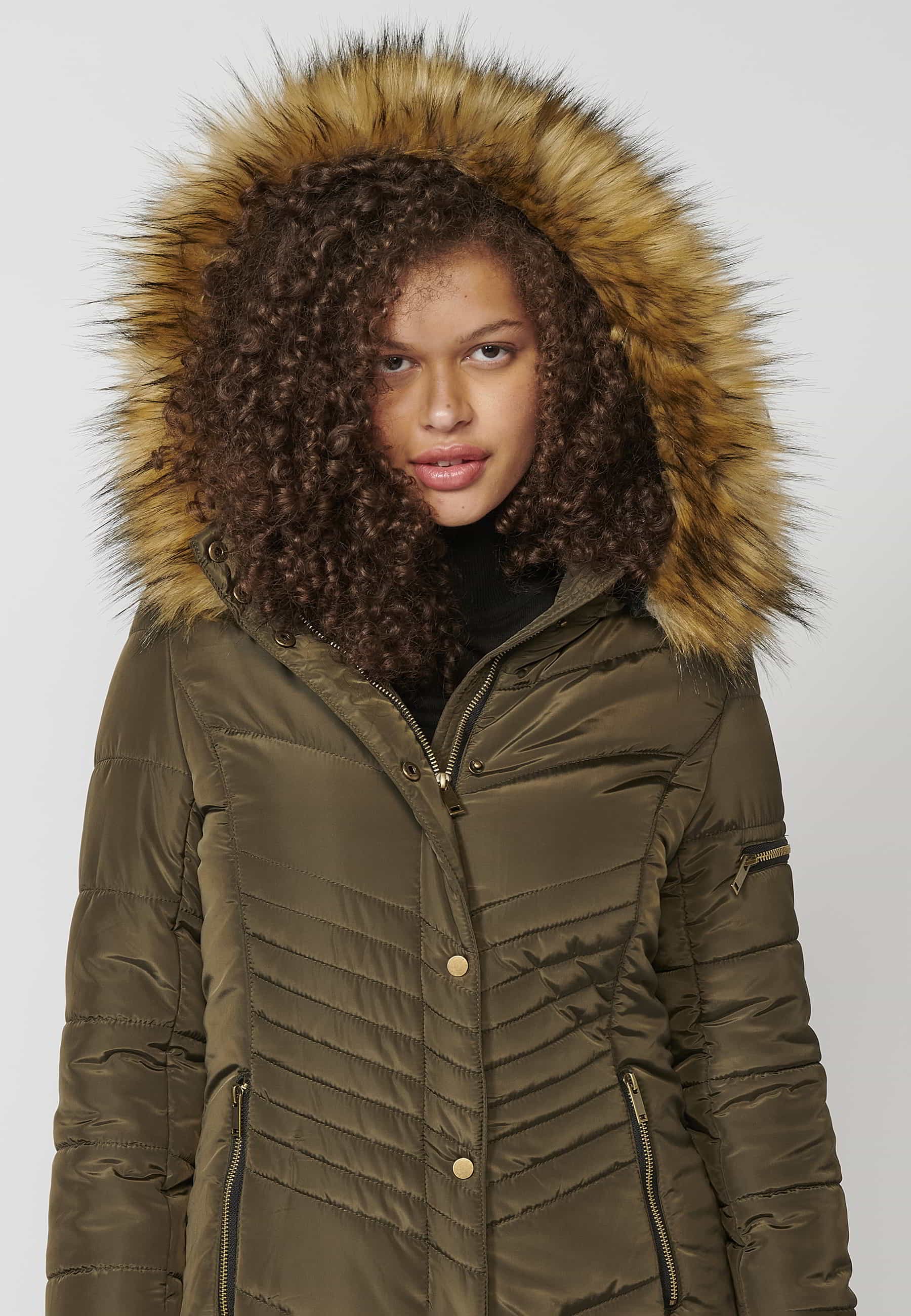 Khaki Long Sleeve Padded Jacket with Stand Collar with Hood and Detachable Fur for Women 11