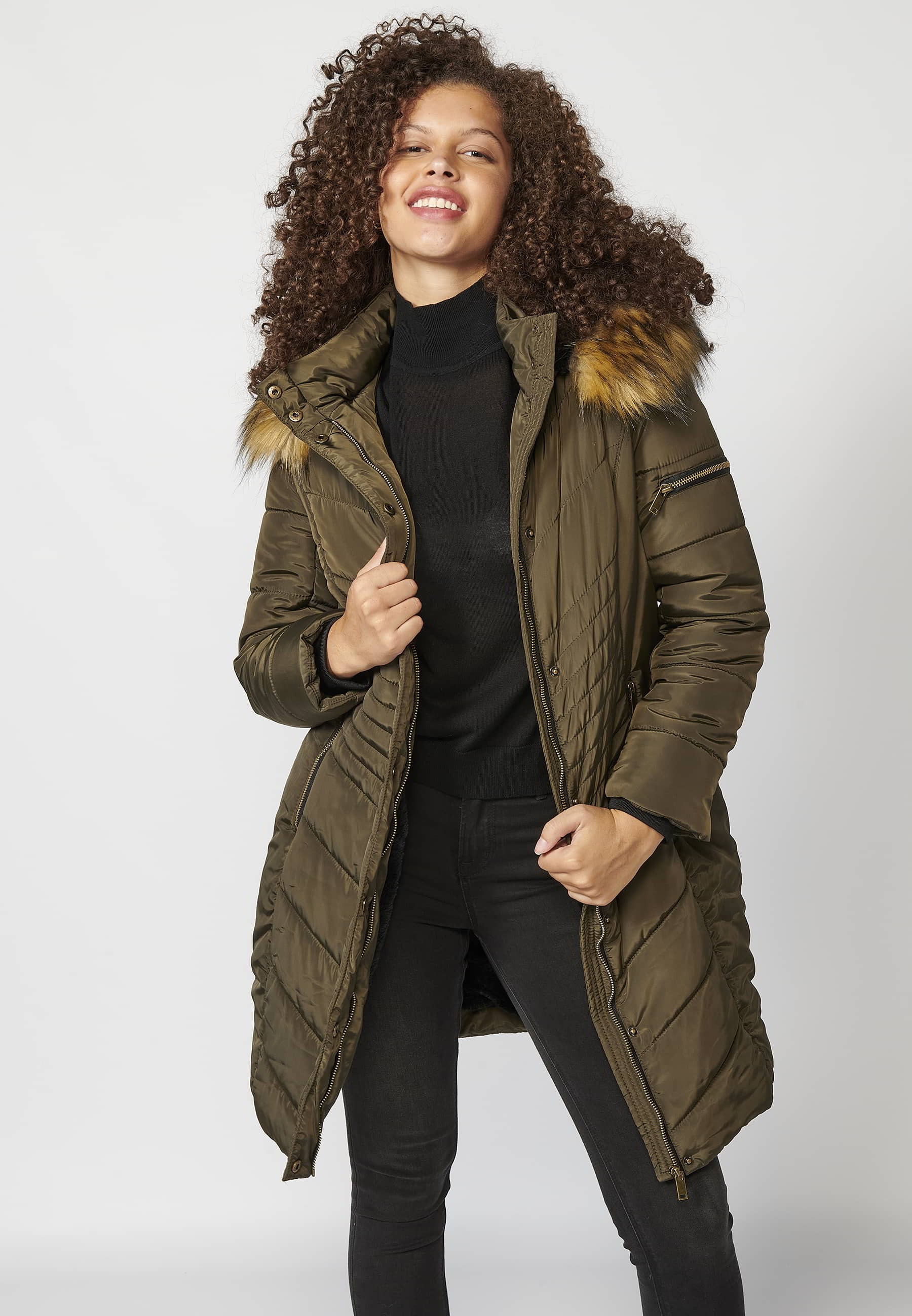 Khaki Long Sleeve Padded Jacket with Stand Collar with Hood and Detachable Fur for Women 9