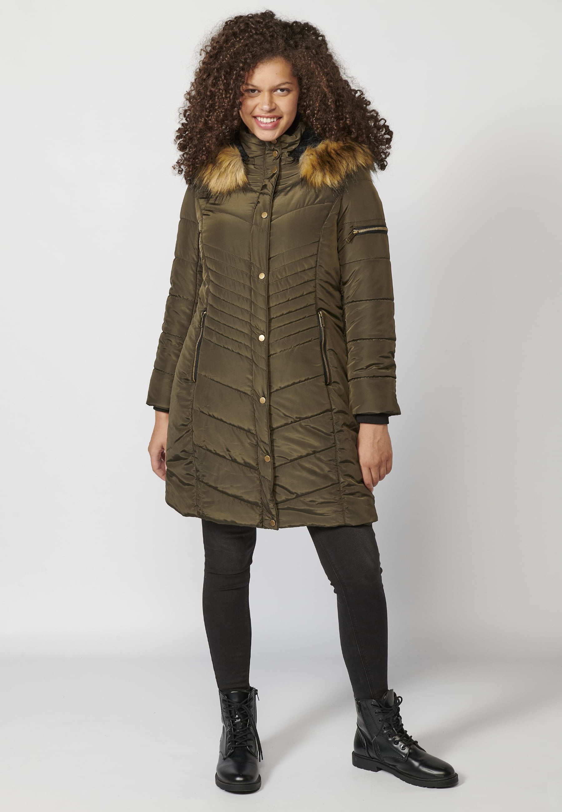 Khaki Long Sleeve Padded Jacket with Stand Collar with Hood and Detachable Fur for Women