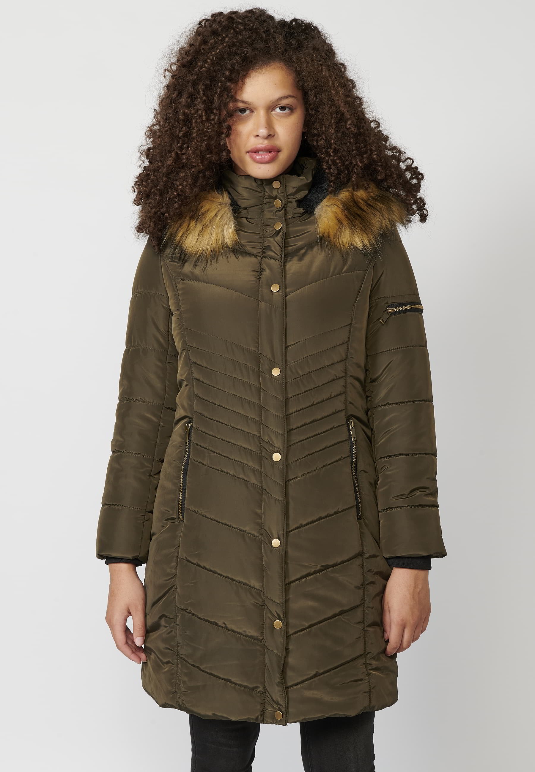 Khaki Long Sleeve Padded Jacket with Stand Collar with Hood and Detachable Fur for Women 2