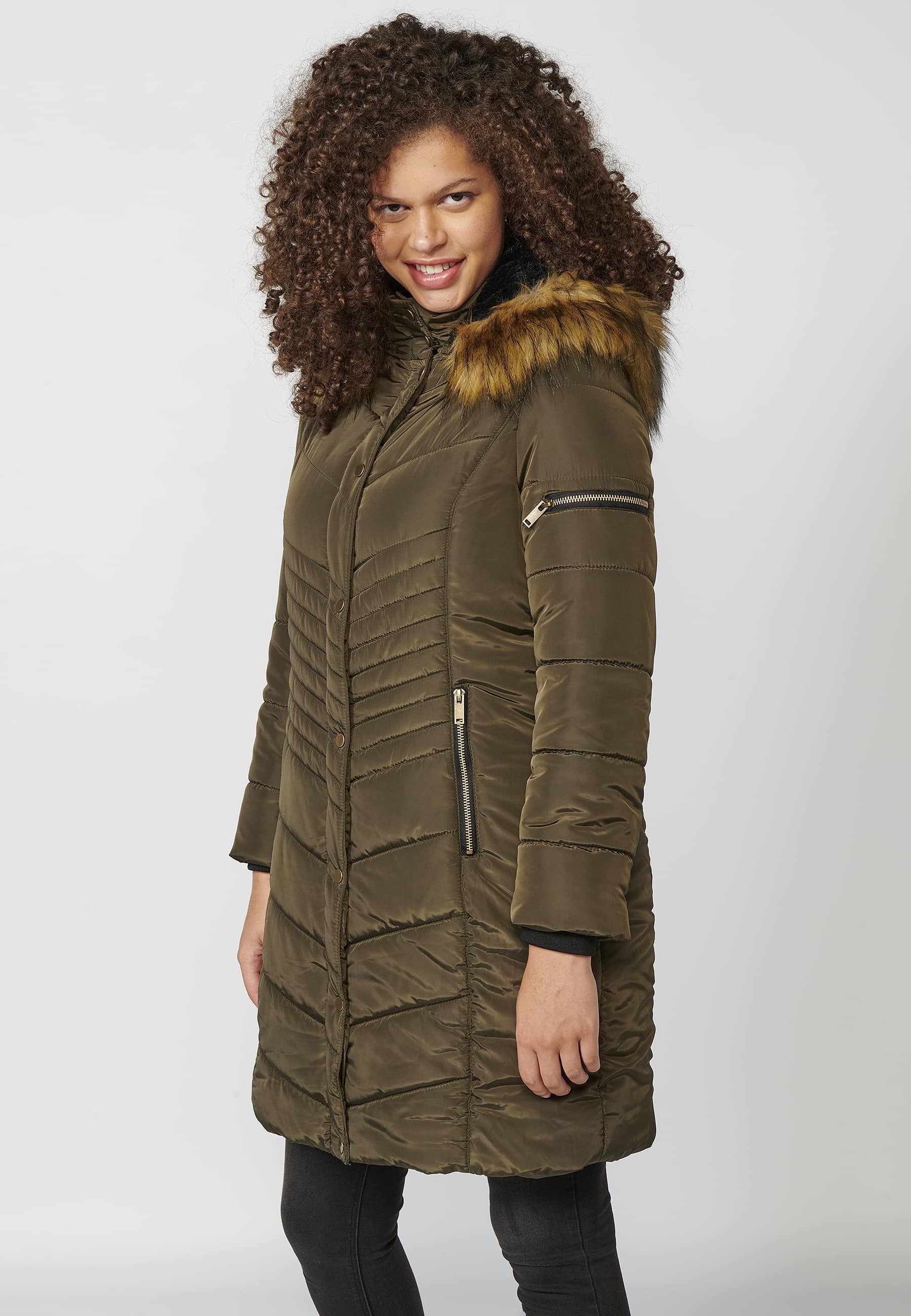 Khaki Long Sleeve Padded Jacket with Stand Collar with Hood and Detachable Fur for Women 3