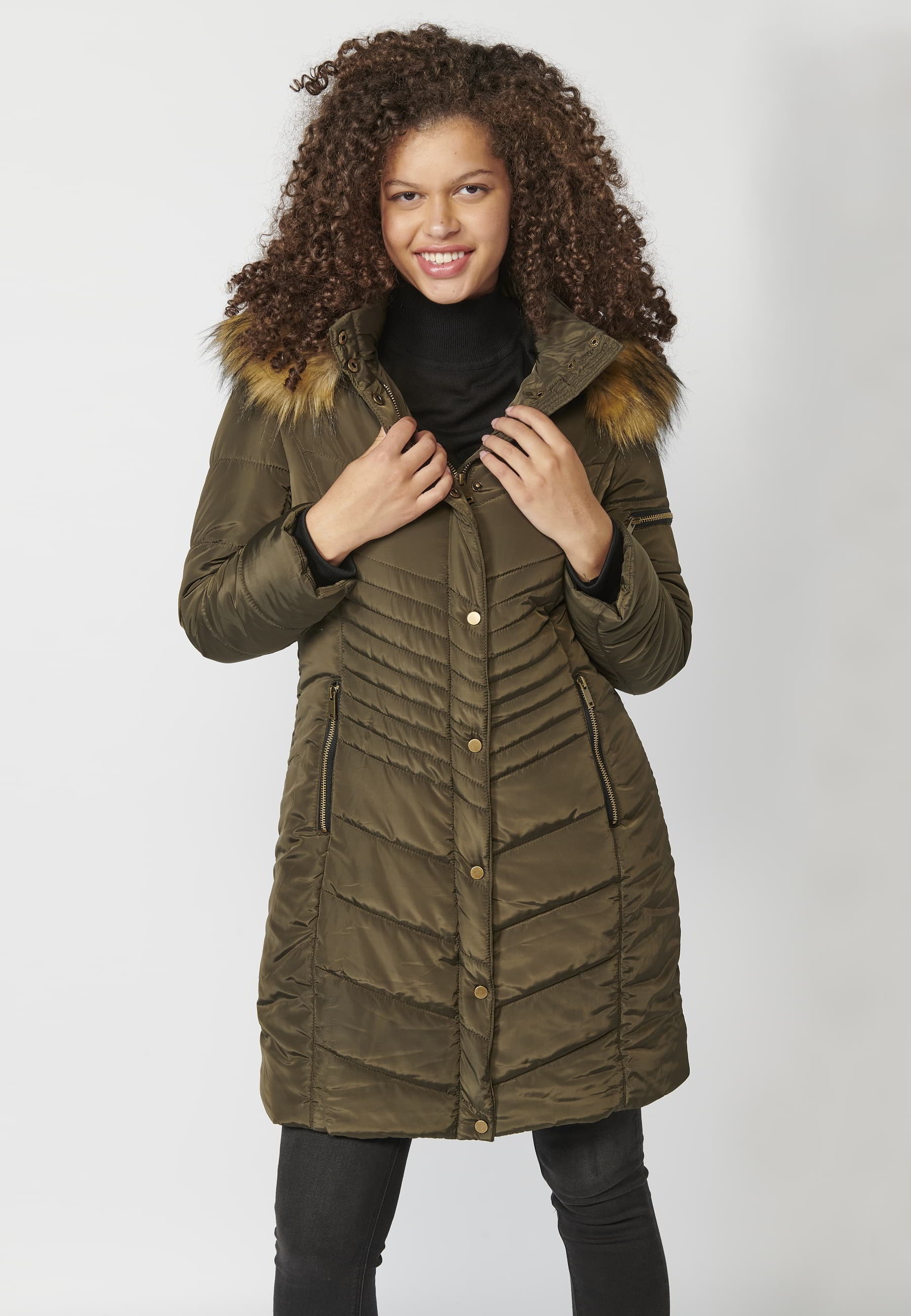 Khaki Long Sleeve Padded Jacket with Stand Collar with Hood and Detachable Fur for Women 4