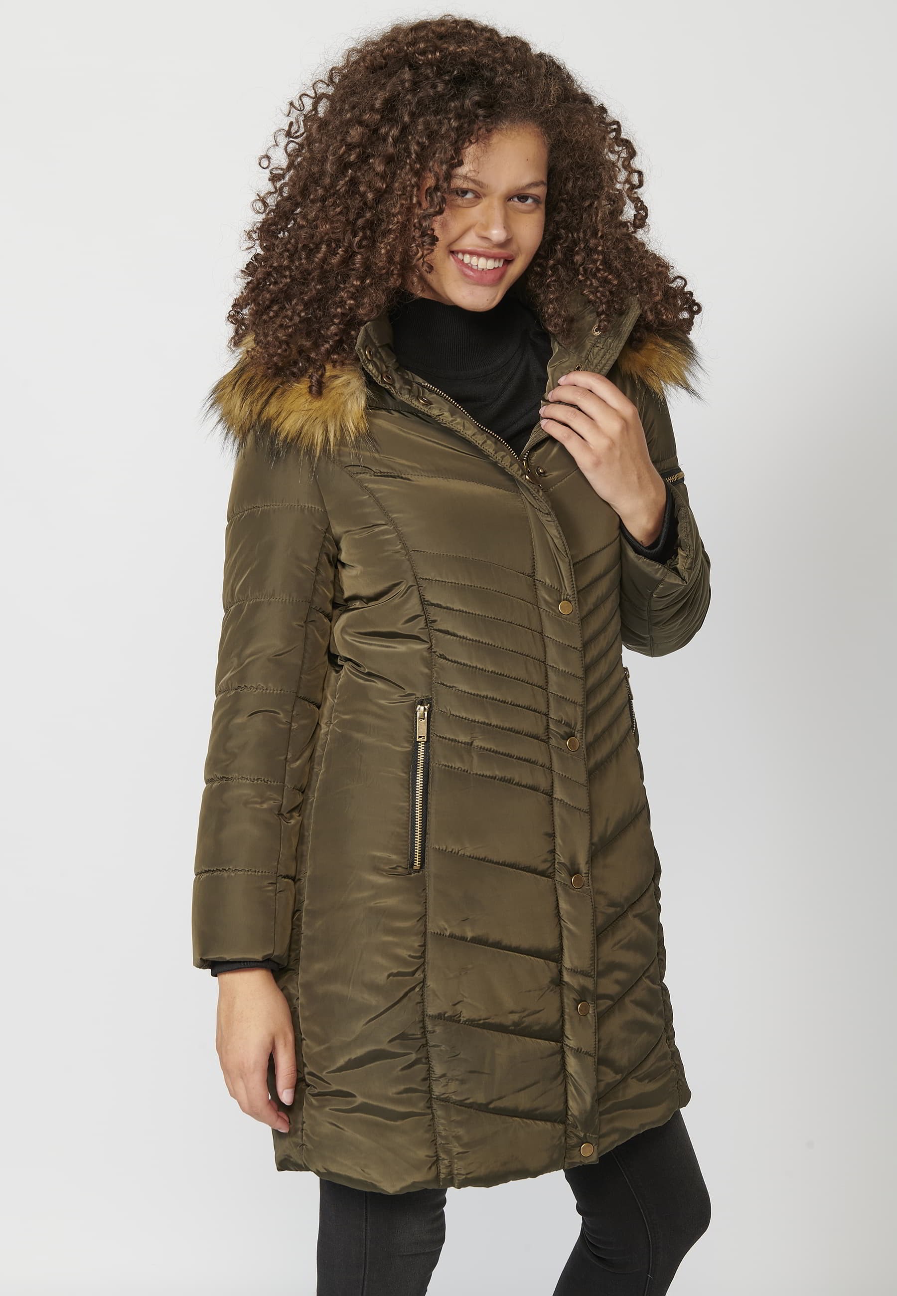 Khaki Long Sleeve Padded Jacket with Stand Collar with Hood and Detachable Fur for Women 1