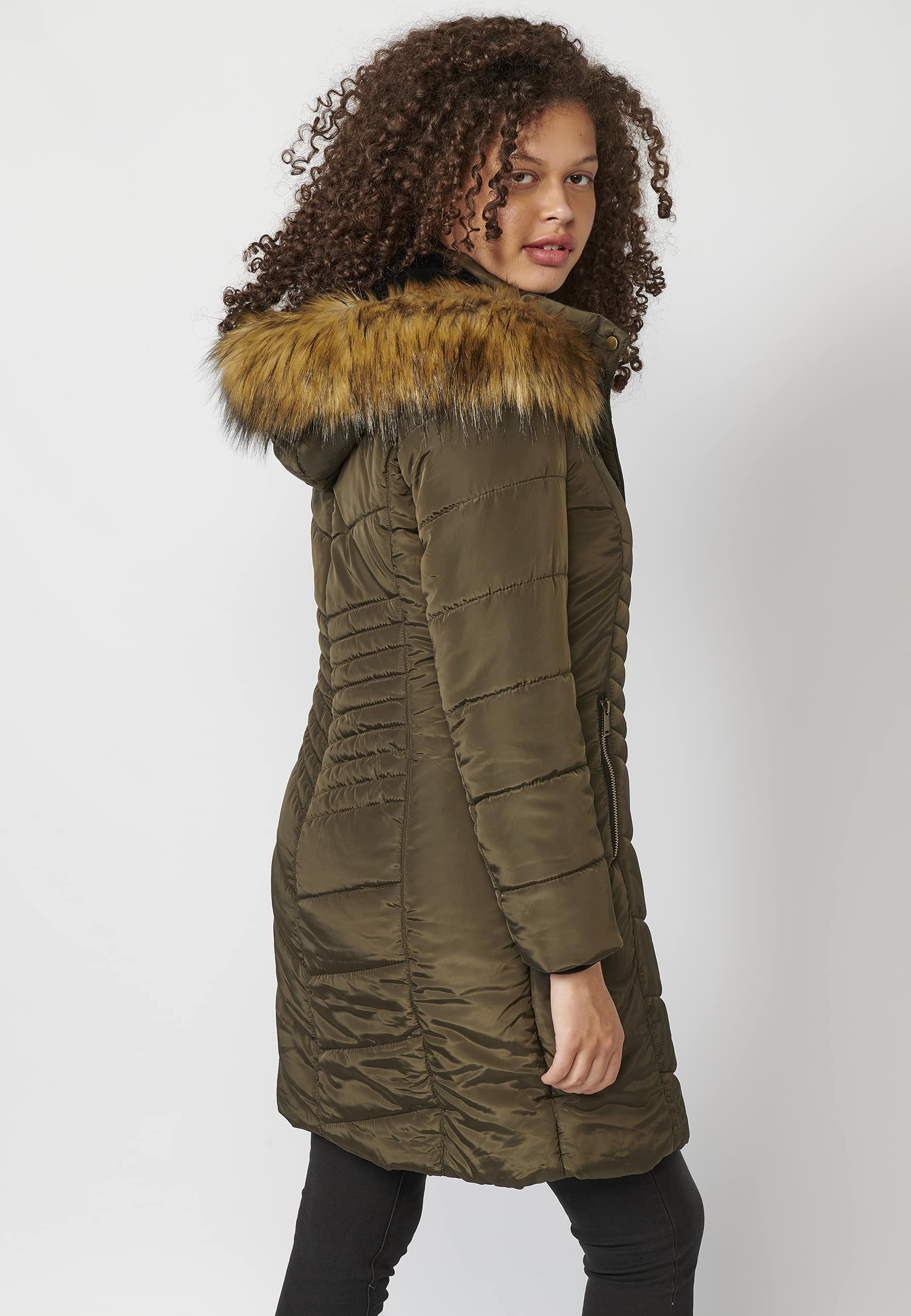 Khaki Long Sleeve Padded Jacket with Stand Collar with Hood and Detachable Fur for Women 8