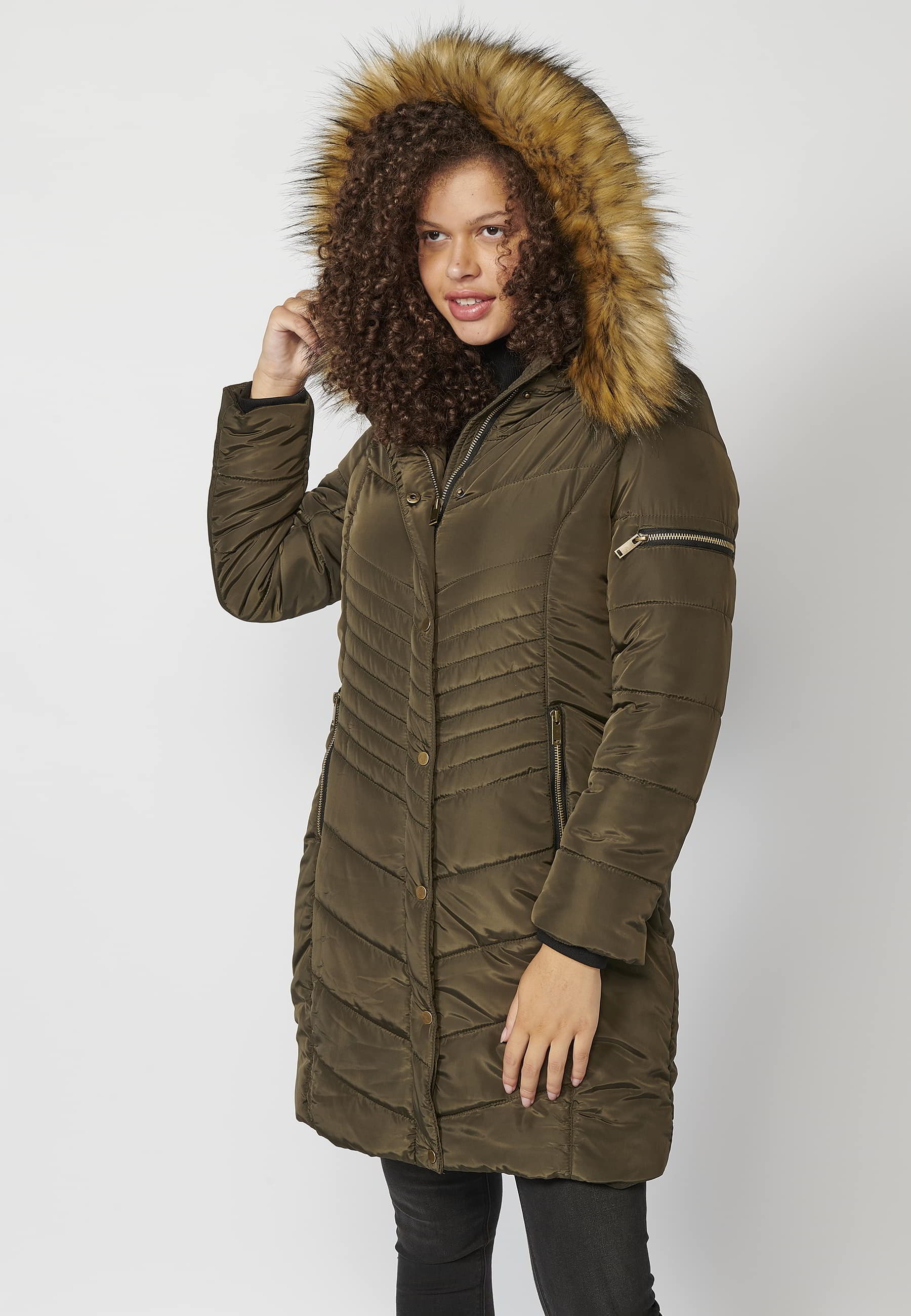 Khaki Long Sleeve Padded Jacket with Stand Collar with Hood and Detachable Fur for Women 7