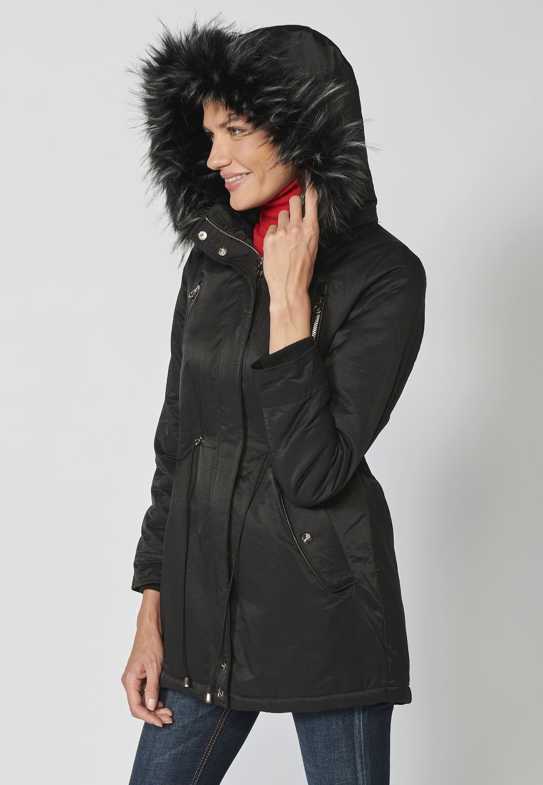 Long padded parka coat with detachable hood in Black for Women