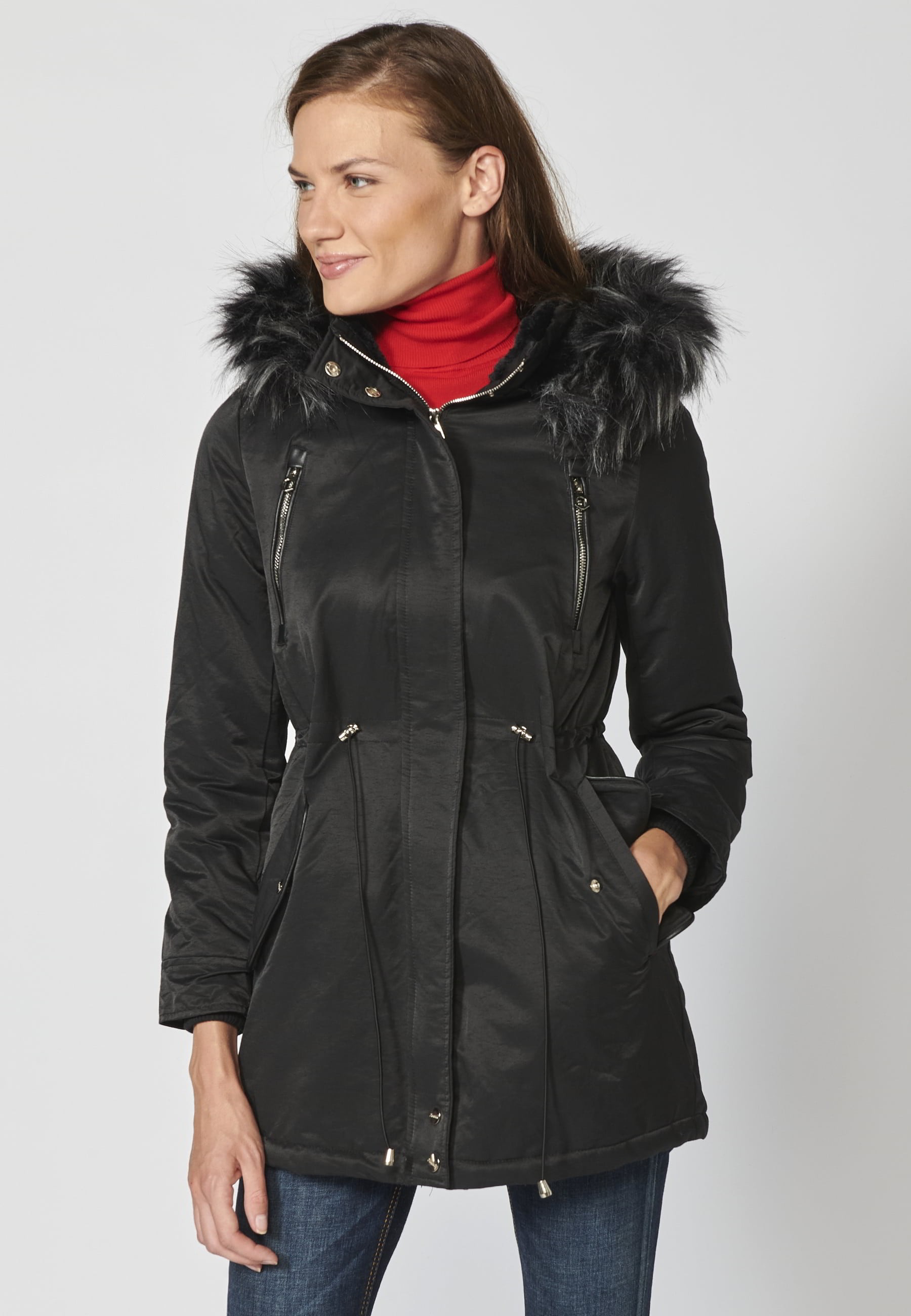 Abrigo parka larga acolchada con capucha desmontable color Negro para Mujer