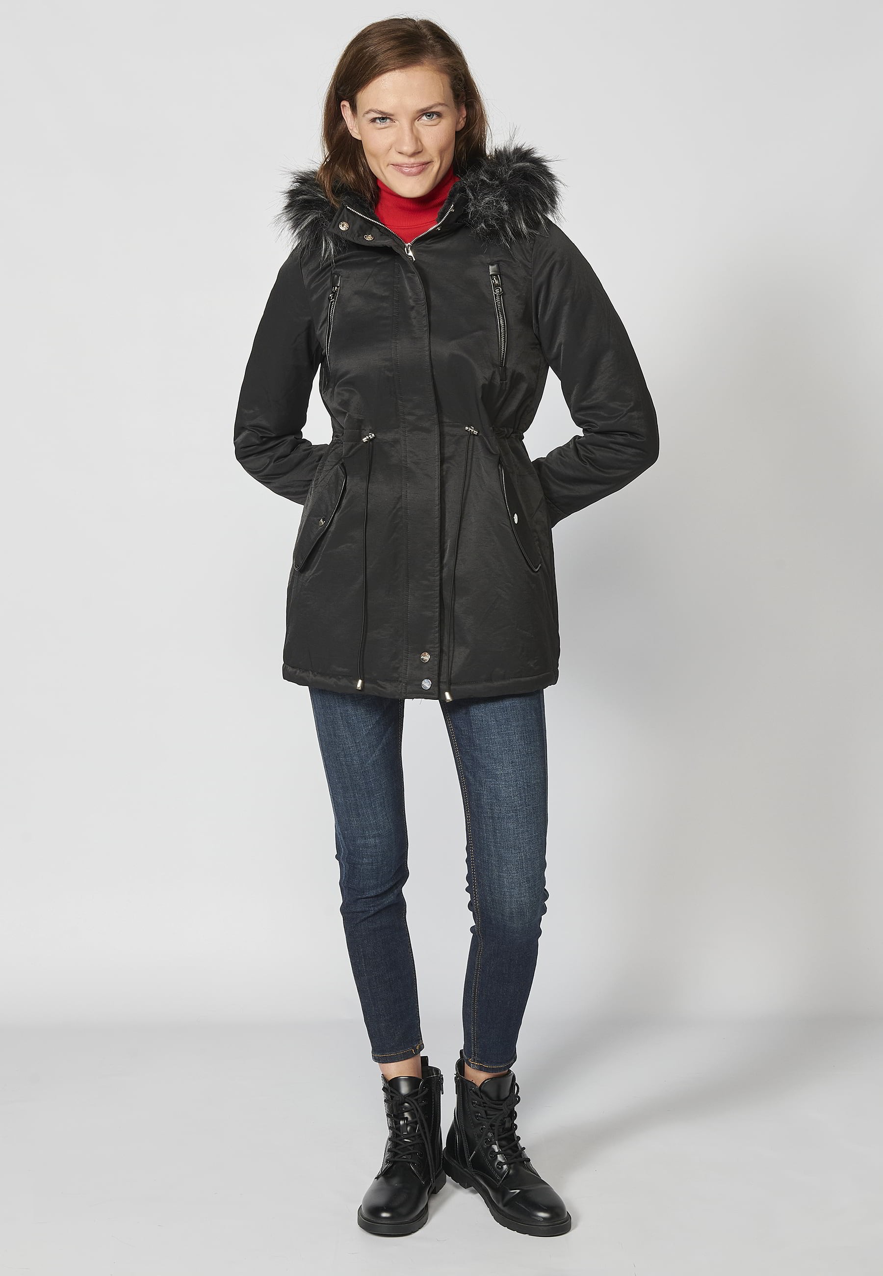 Long padded parka coat with detachable hood in Black for Women