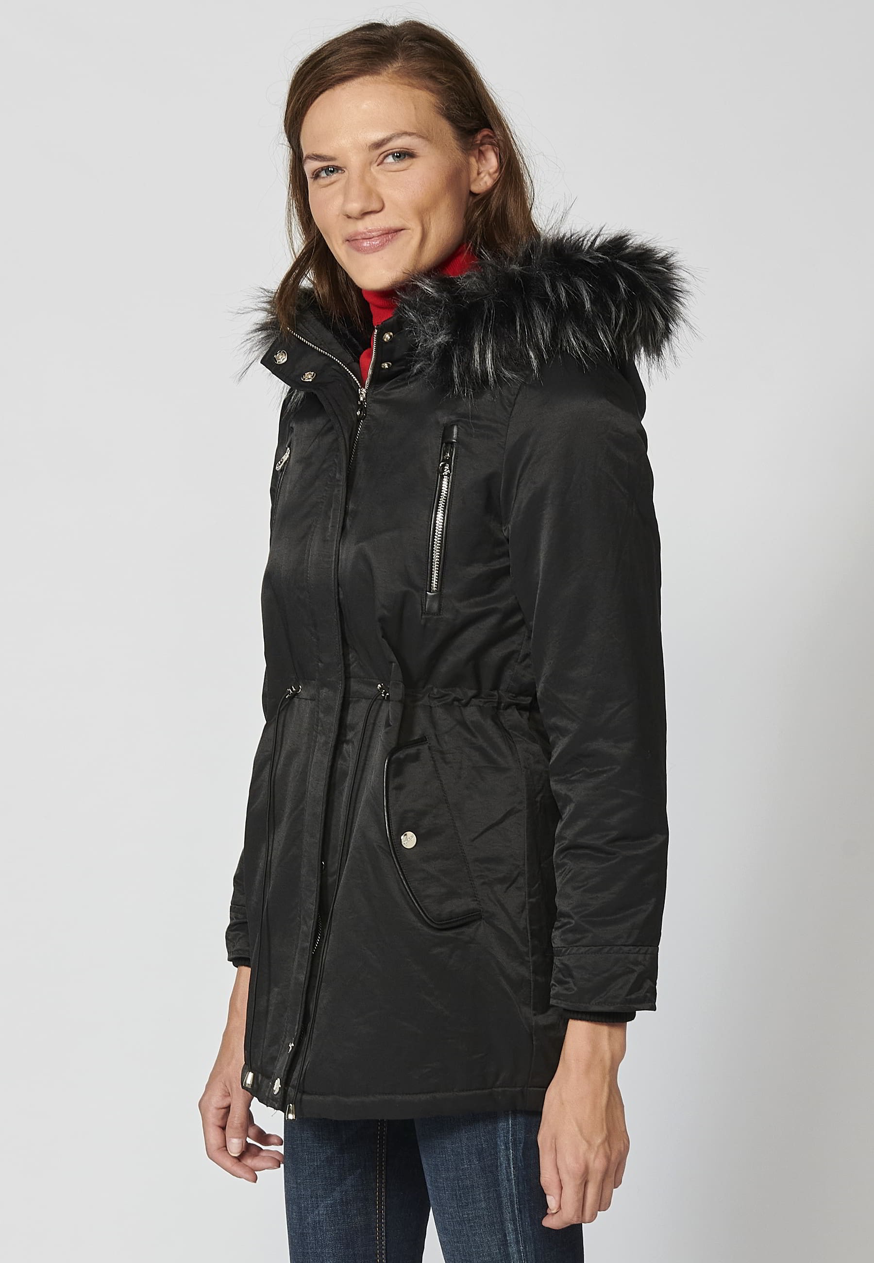 Abrigo parka larga acolchada con capucha desmontable color Negro para Mujer