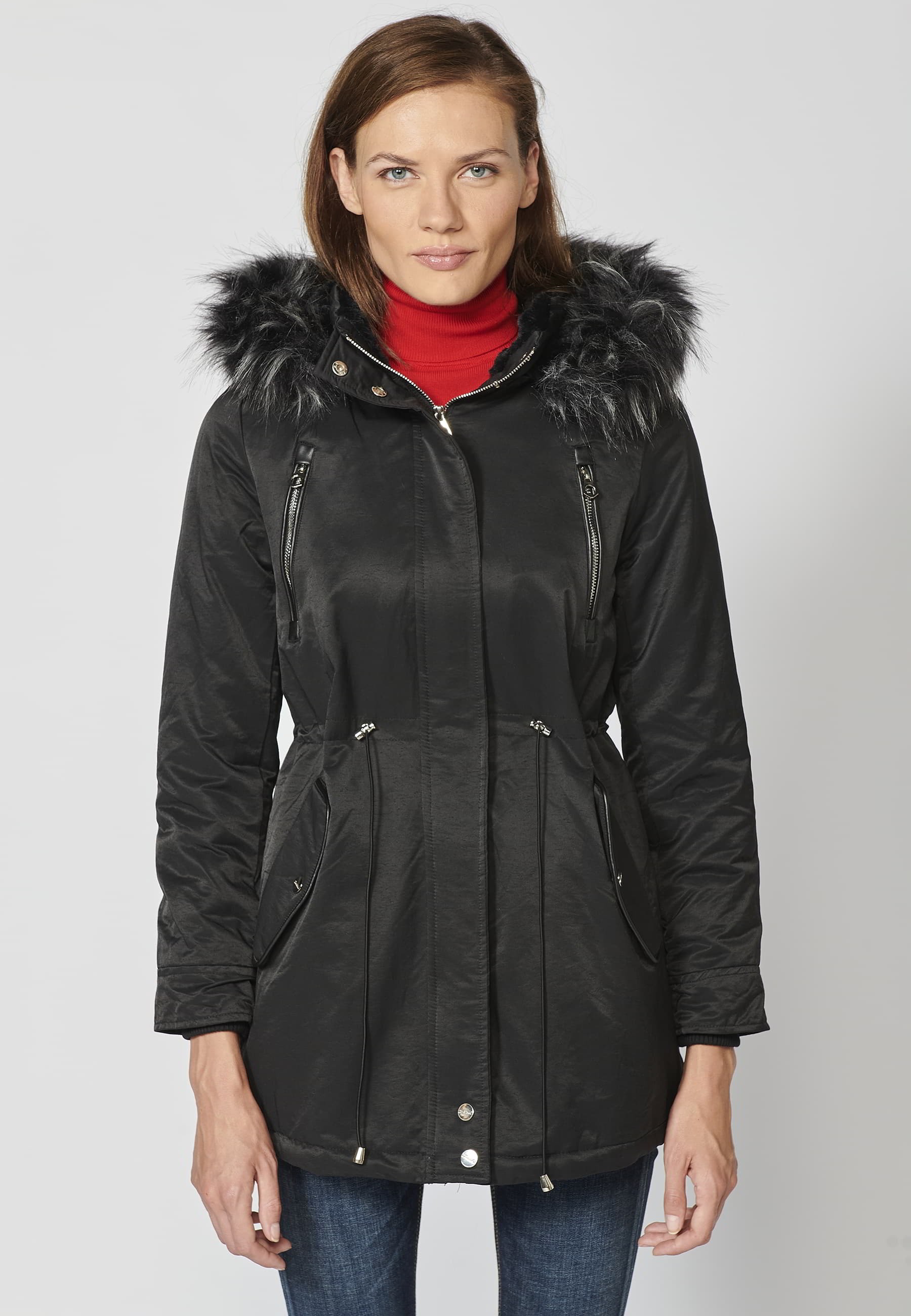 Long padded parka coat with detachable hood in Black for Women