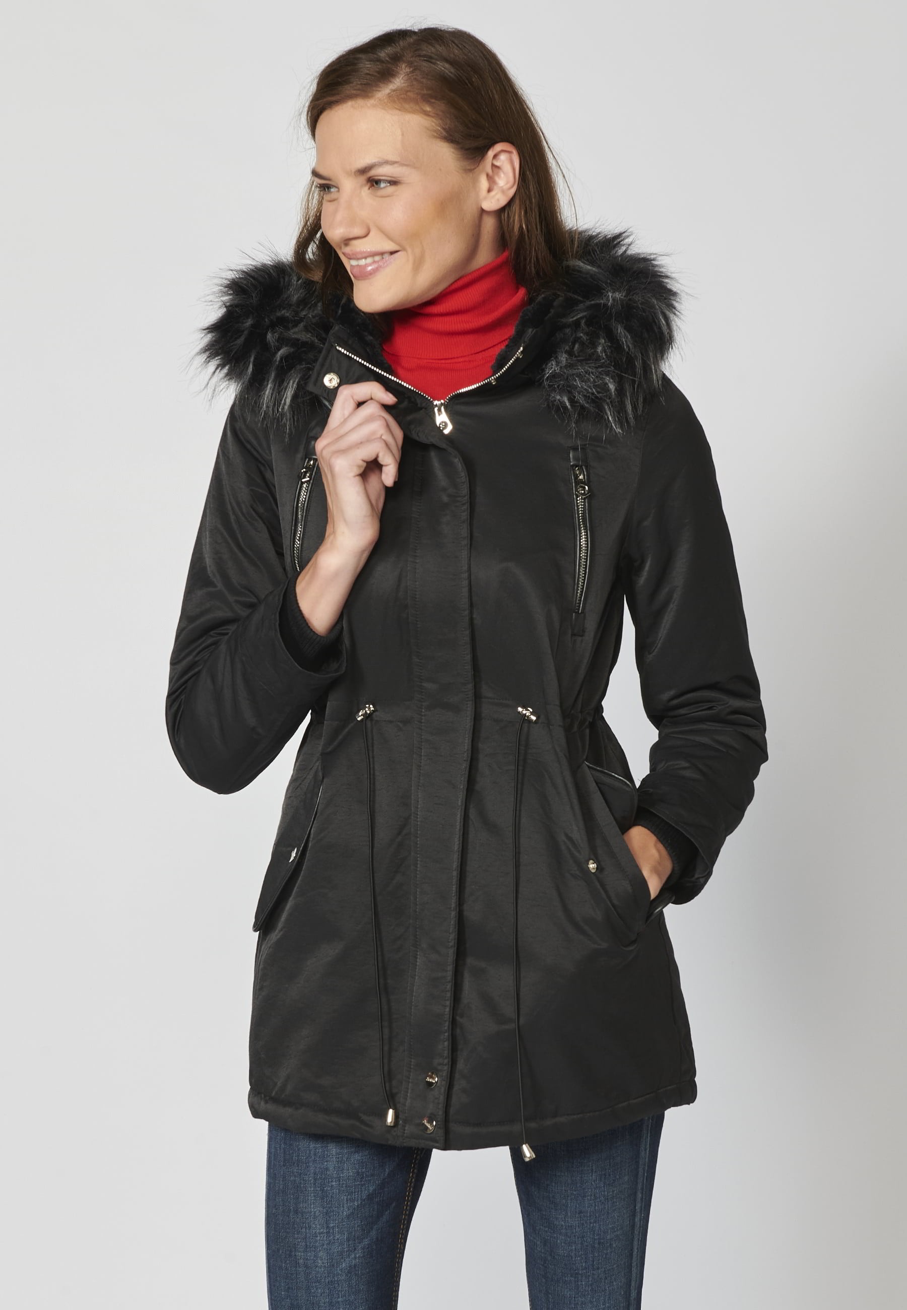 Long padded parka coat with detachable hood in Black for Women