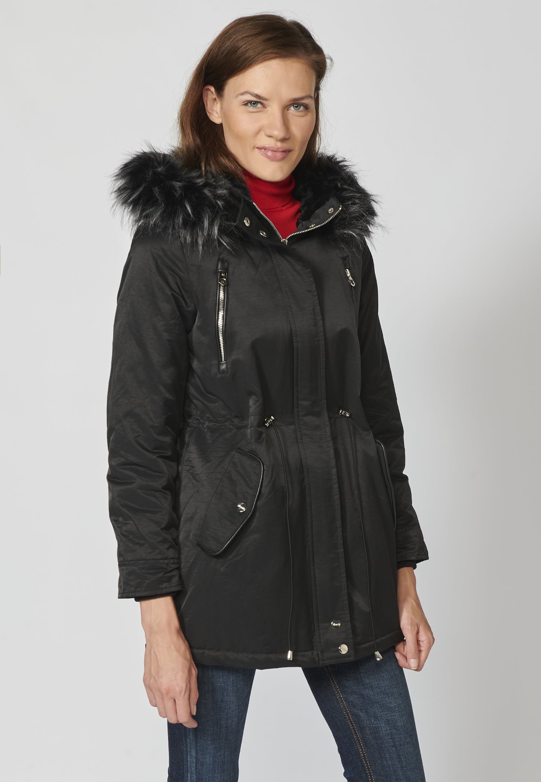 Long padded parka coat with detachable hood in Black for Women