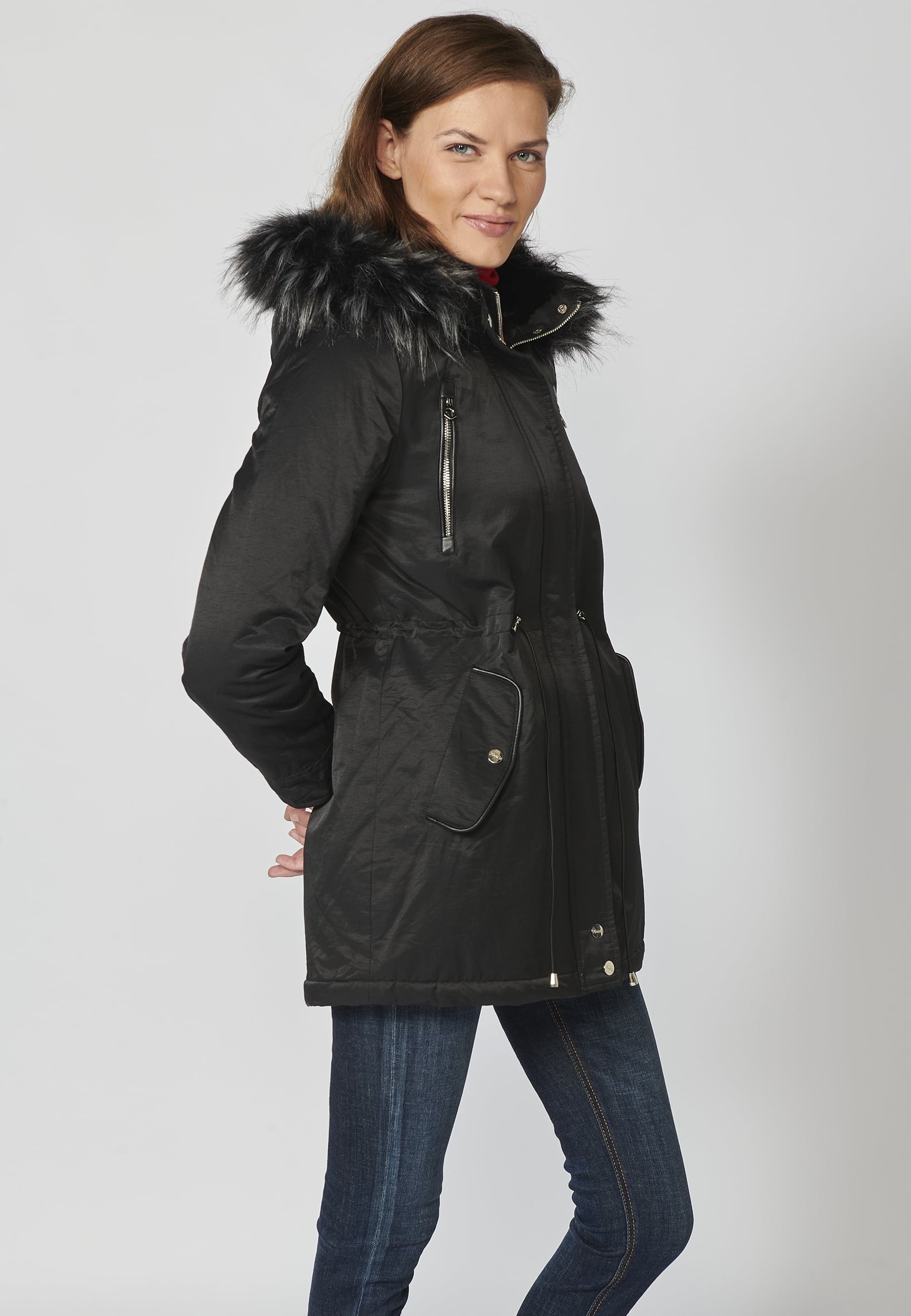 Long padded parka coat with detachable hood in Black for Women