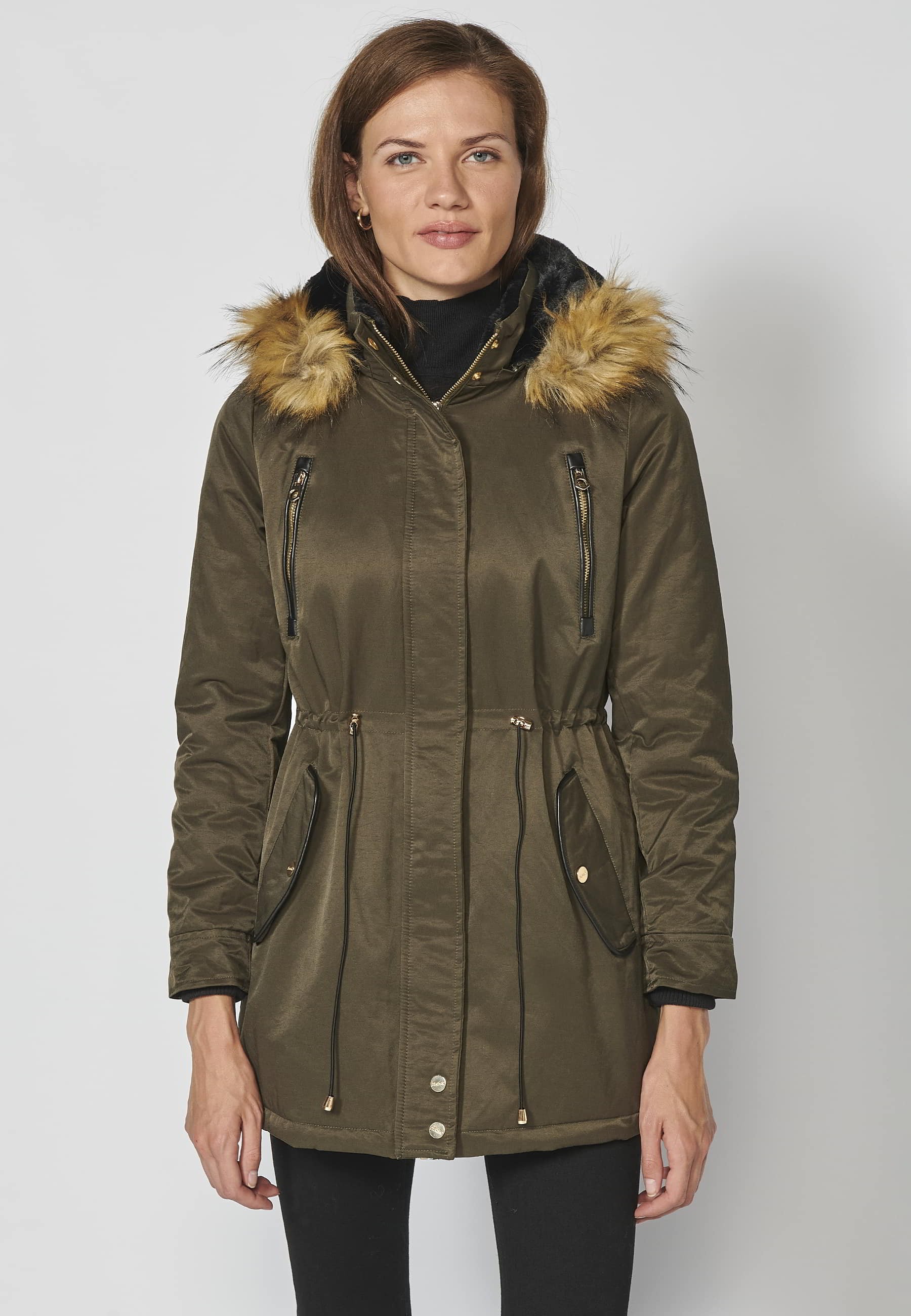 Langer, wattierter Parka-Mantel mit abnehmbarer Kapuze in Schwarz für Damen 5