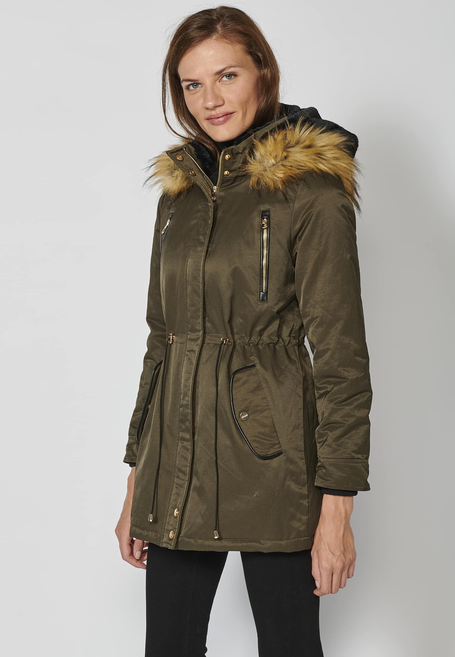 Long padded parka coat with detachable hood in Black for Women 2