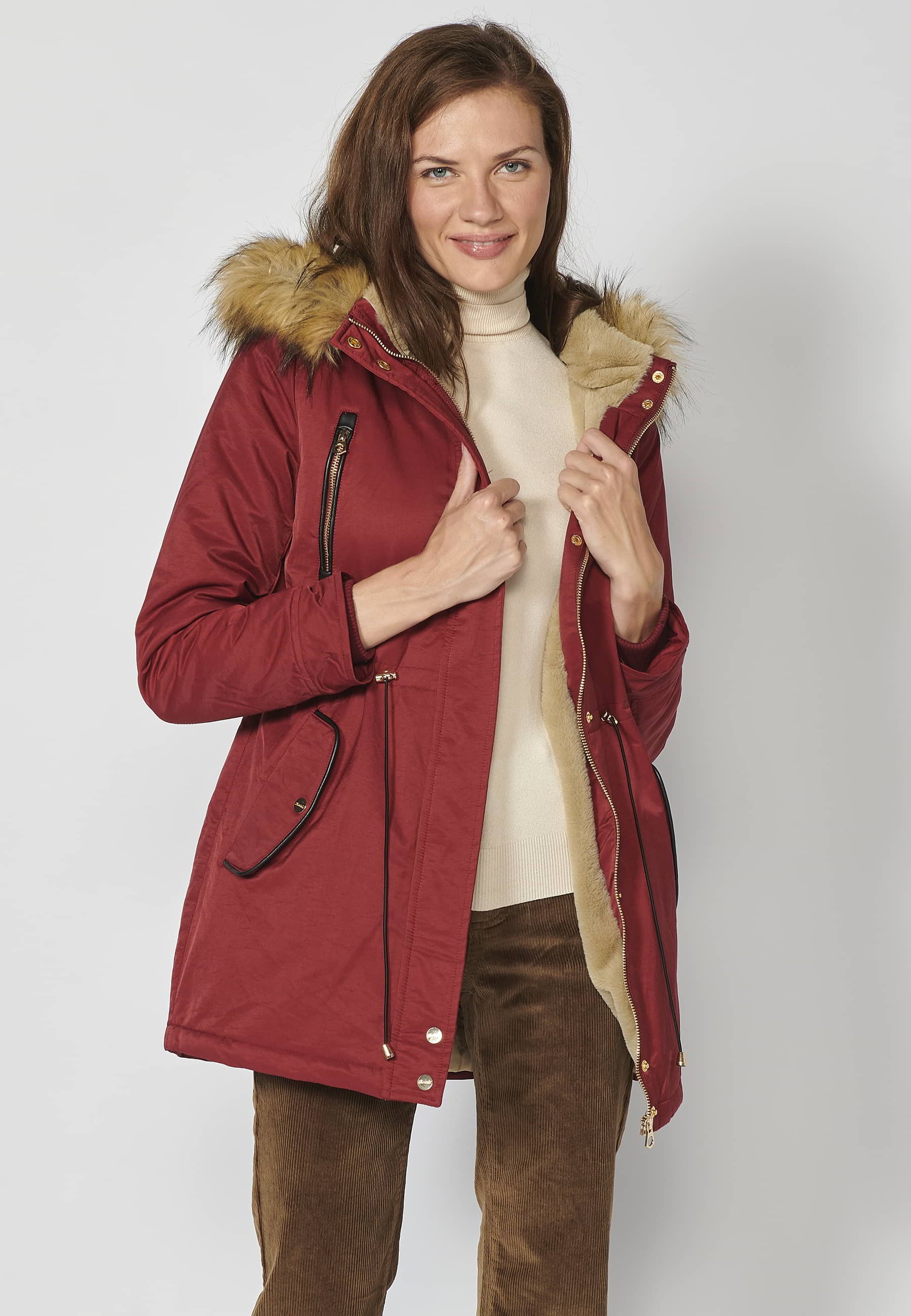 Long padded parka coat with removable hood in Maroon color for Women