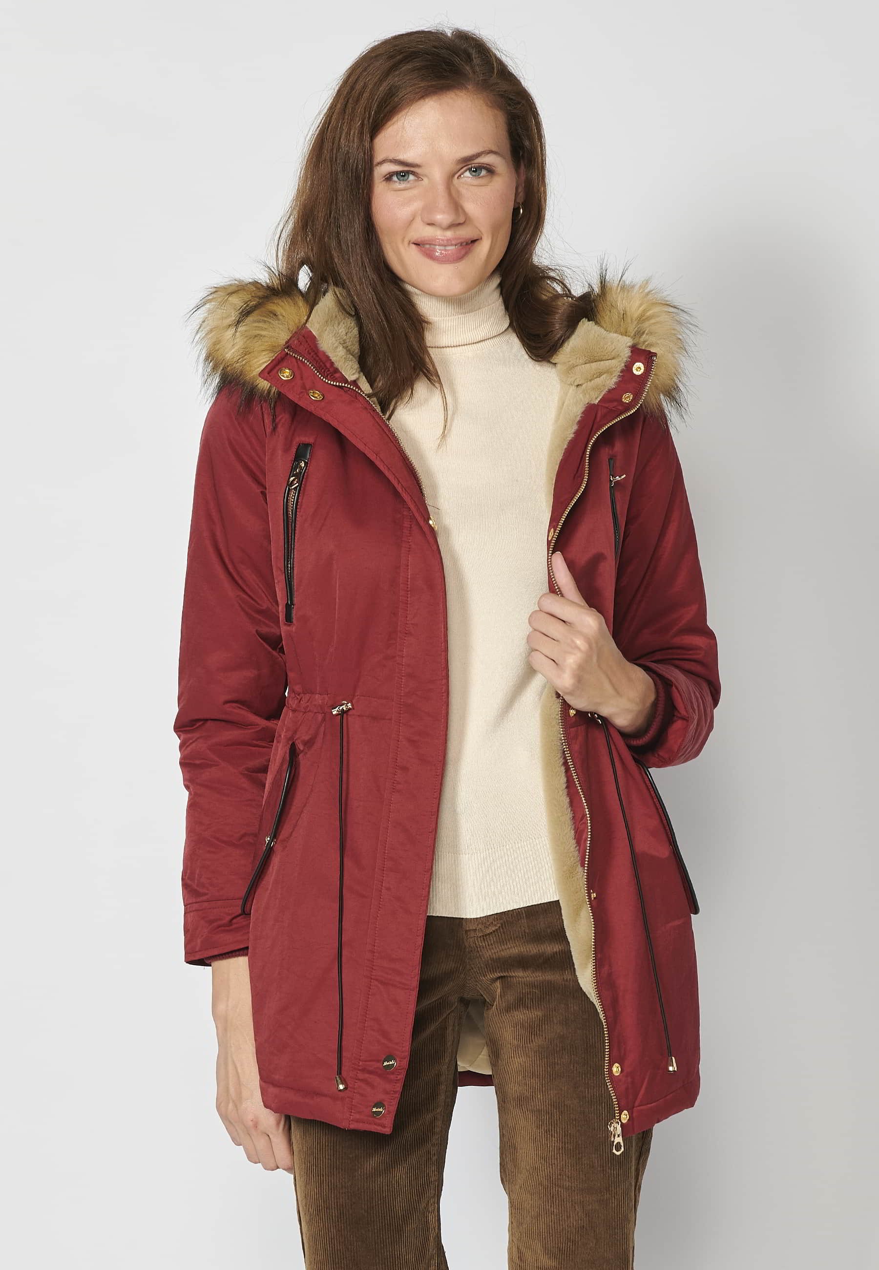 Long padded parka coat with removable hood in Maroon color for Women