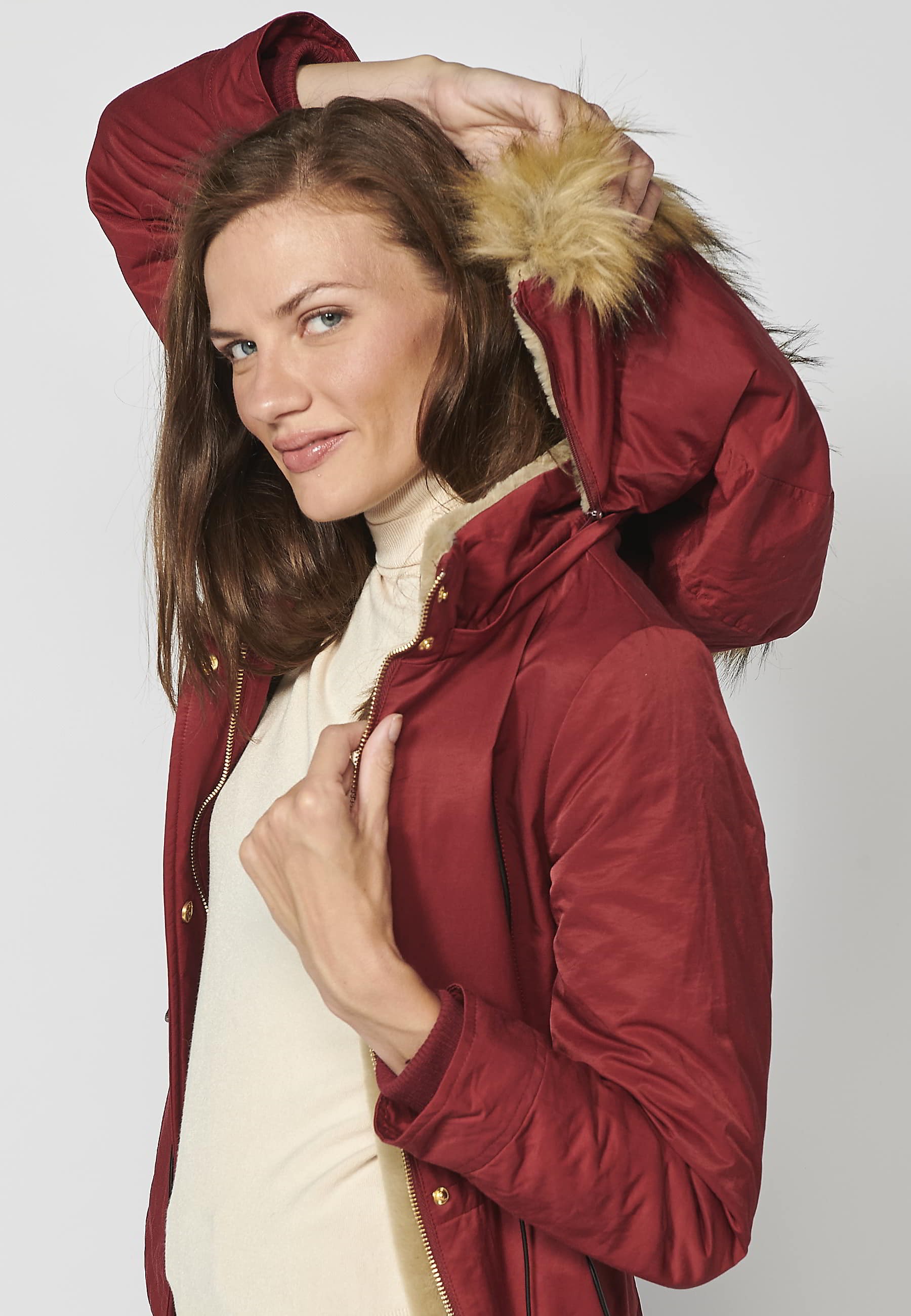 Long padded parka coat with removable hood in Maroon color for Women