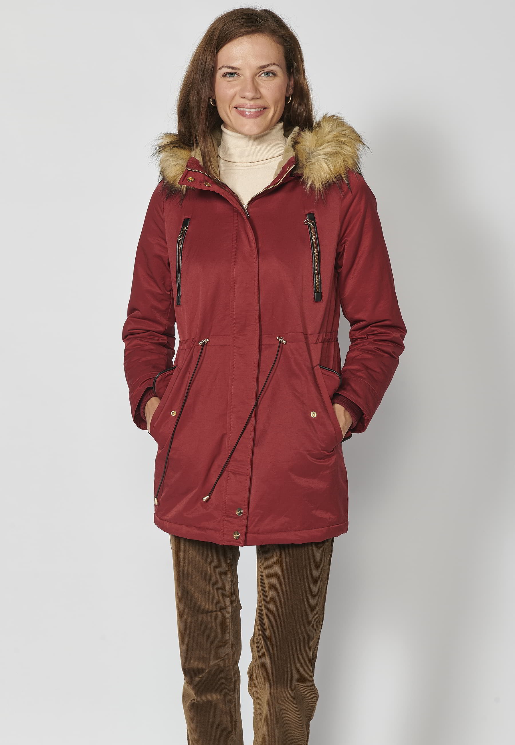 Long padded parka coat with removable hood in Maroon color for Women