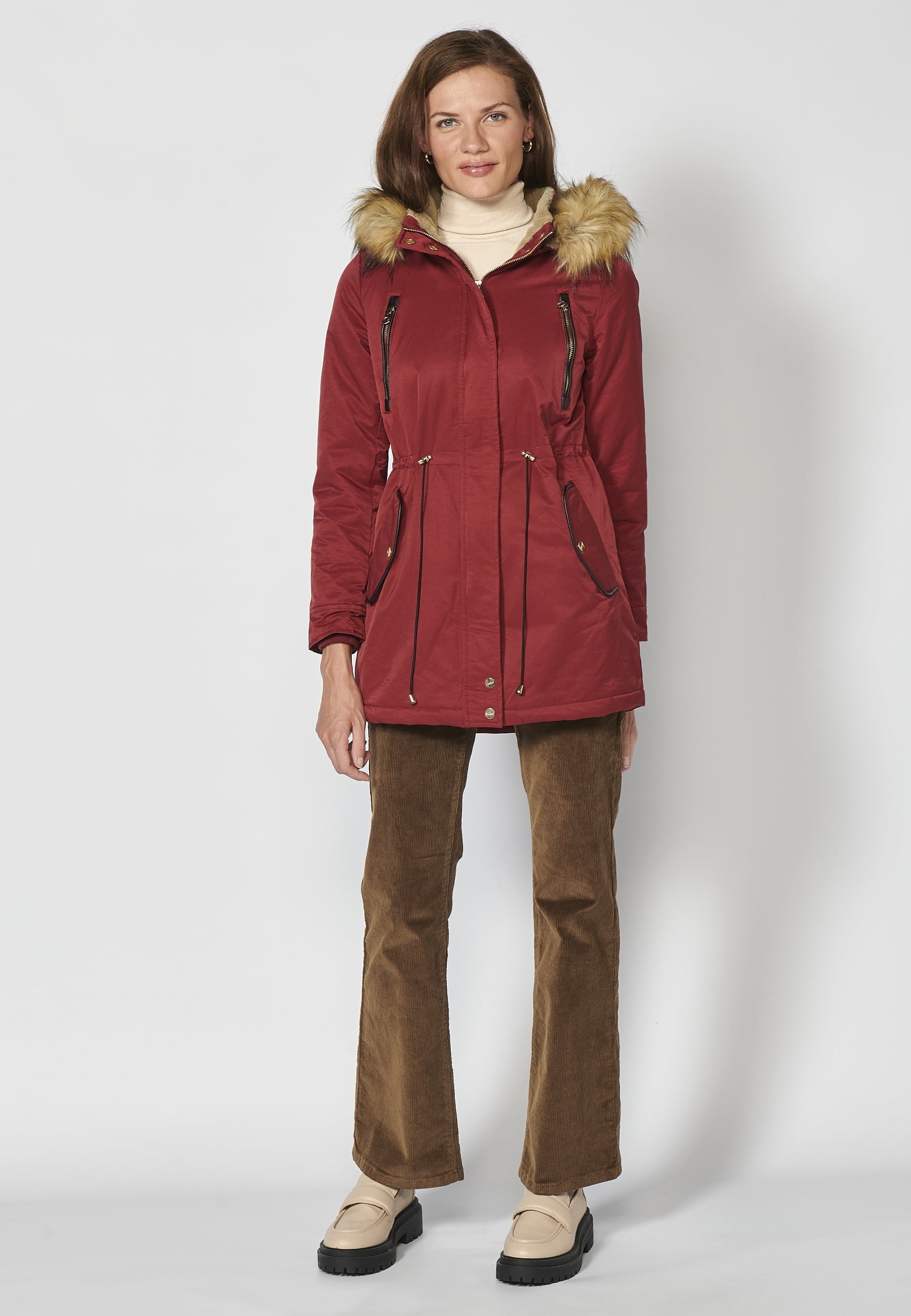 Long padded parka coat with removable hood in Maroon color for Women