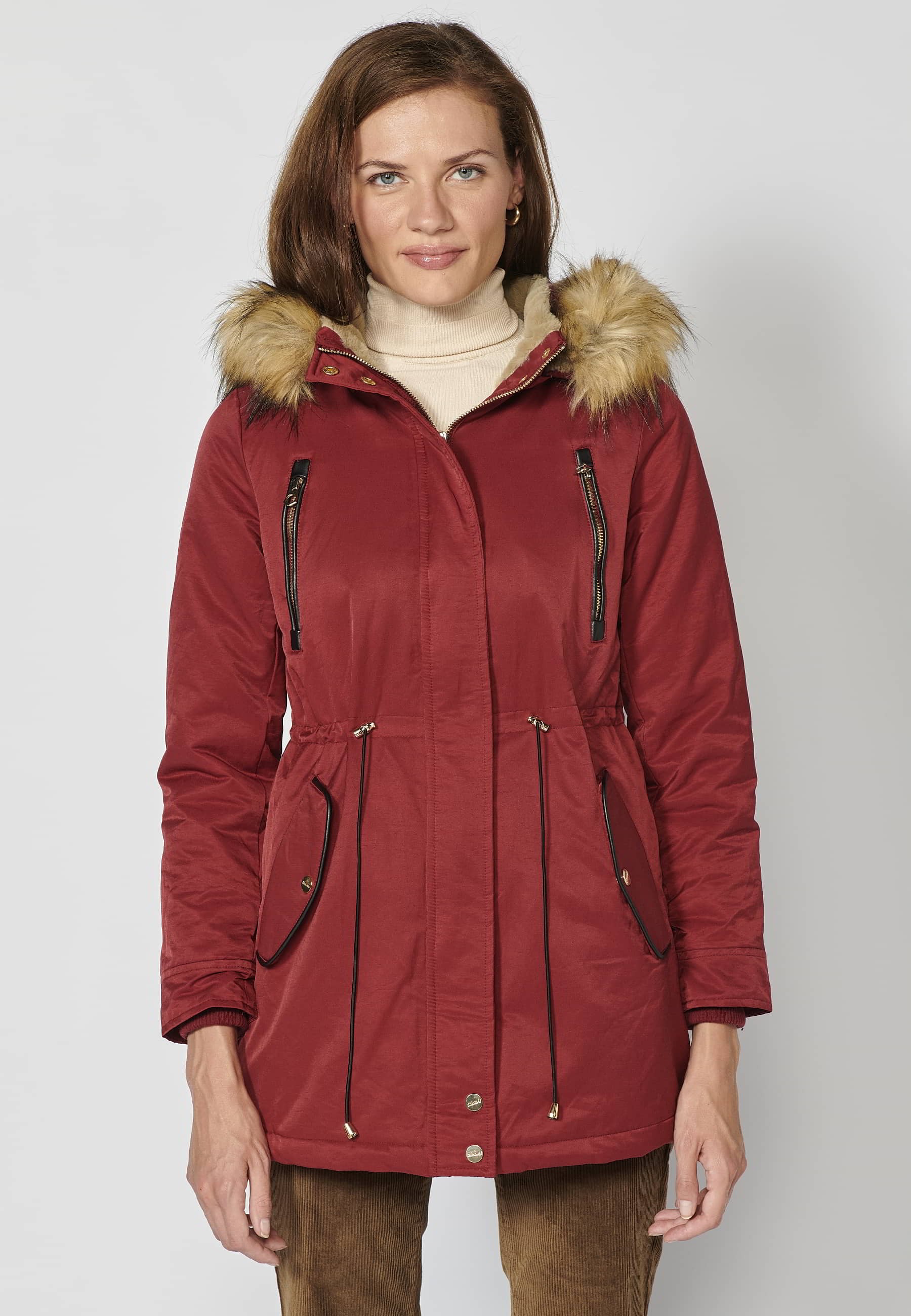 Long padded parka coat with removable hood in Maroon color for Women