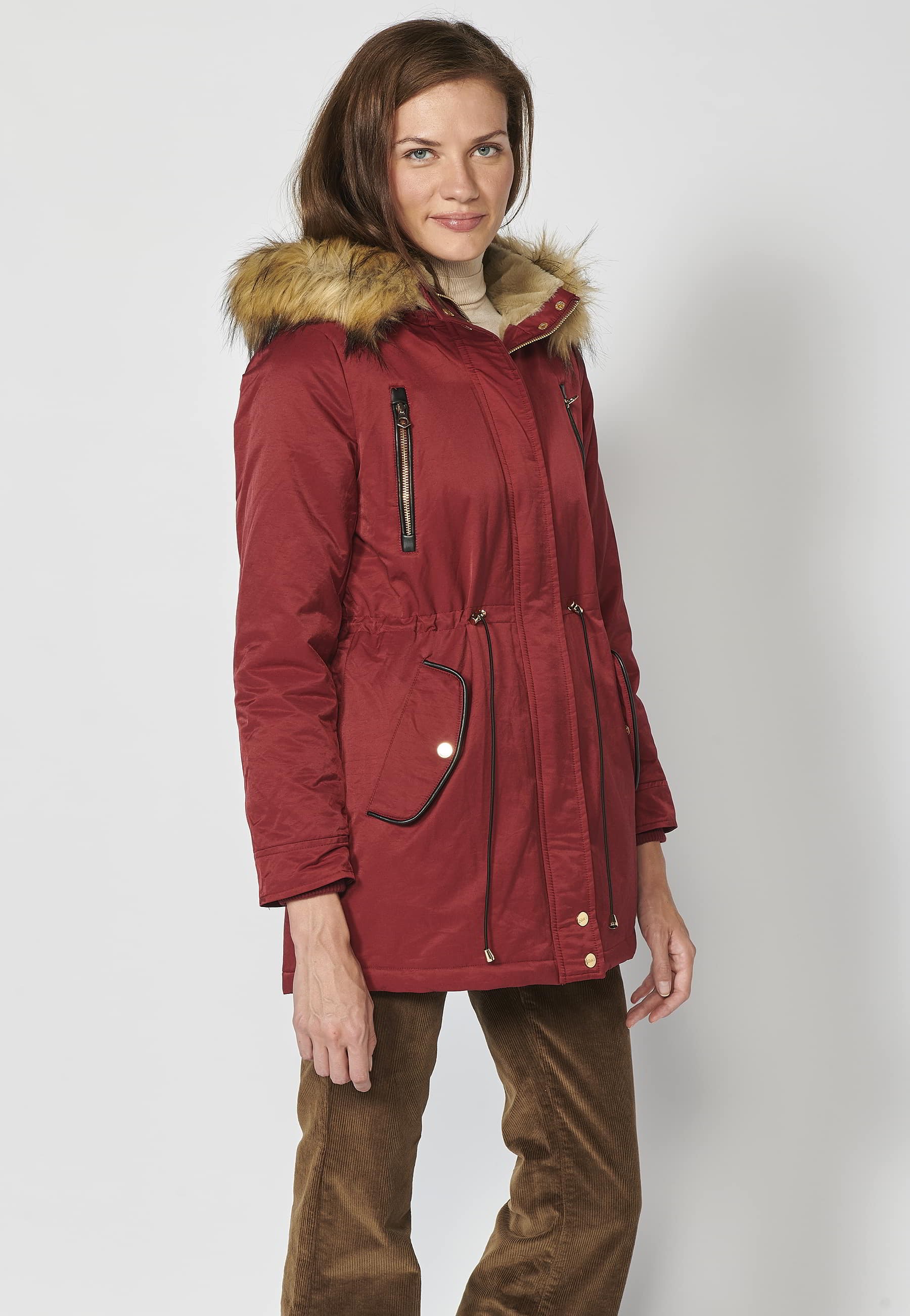 Long padded parka coat with removable hood in Maroon color for Women