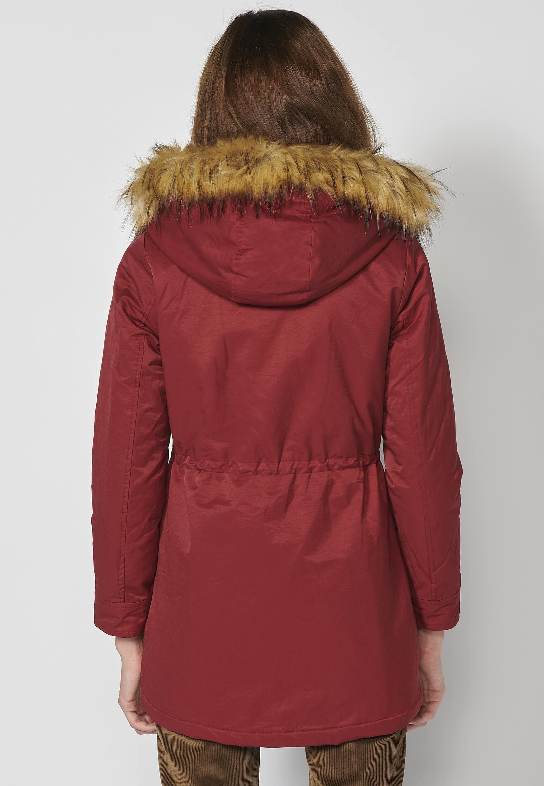 Long padded parka coat with removable hood in Maroon color for Women