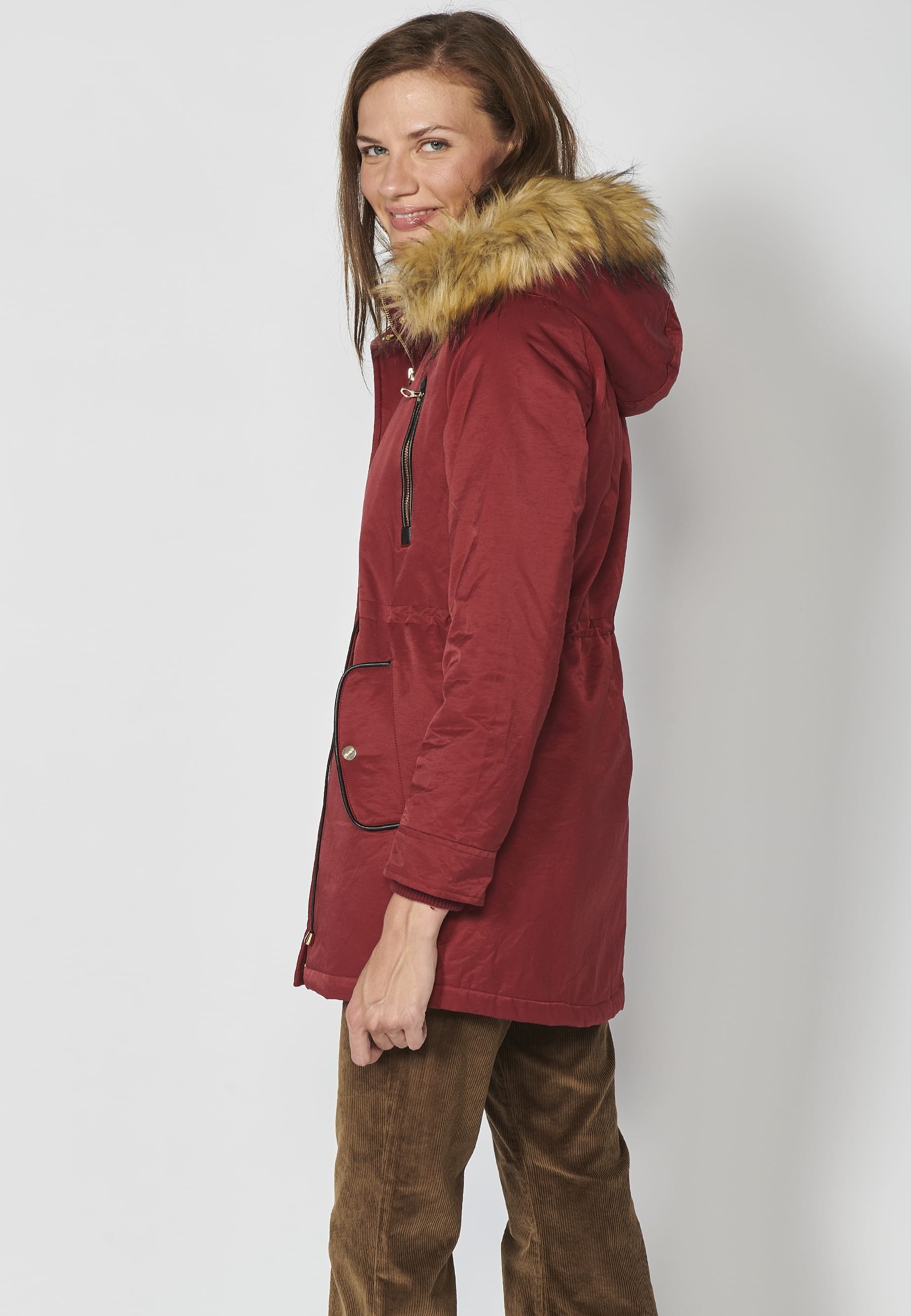 Long padded parka coat with removable hood in Maroon color for Women