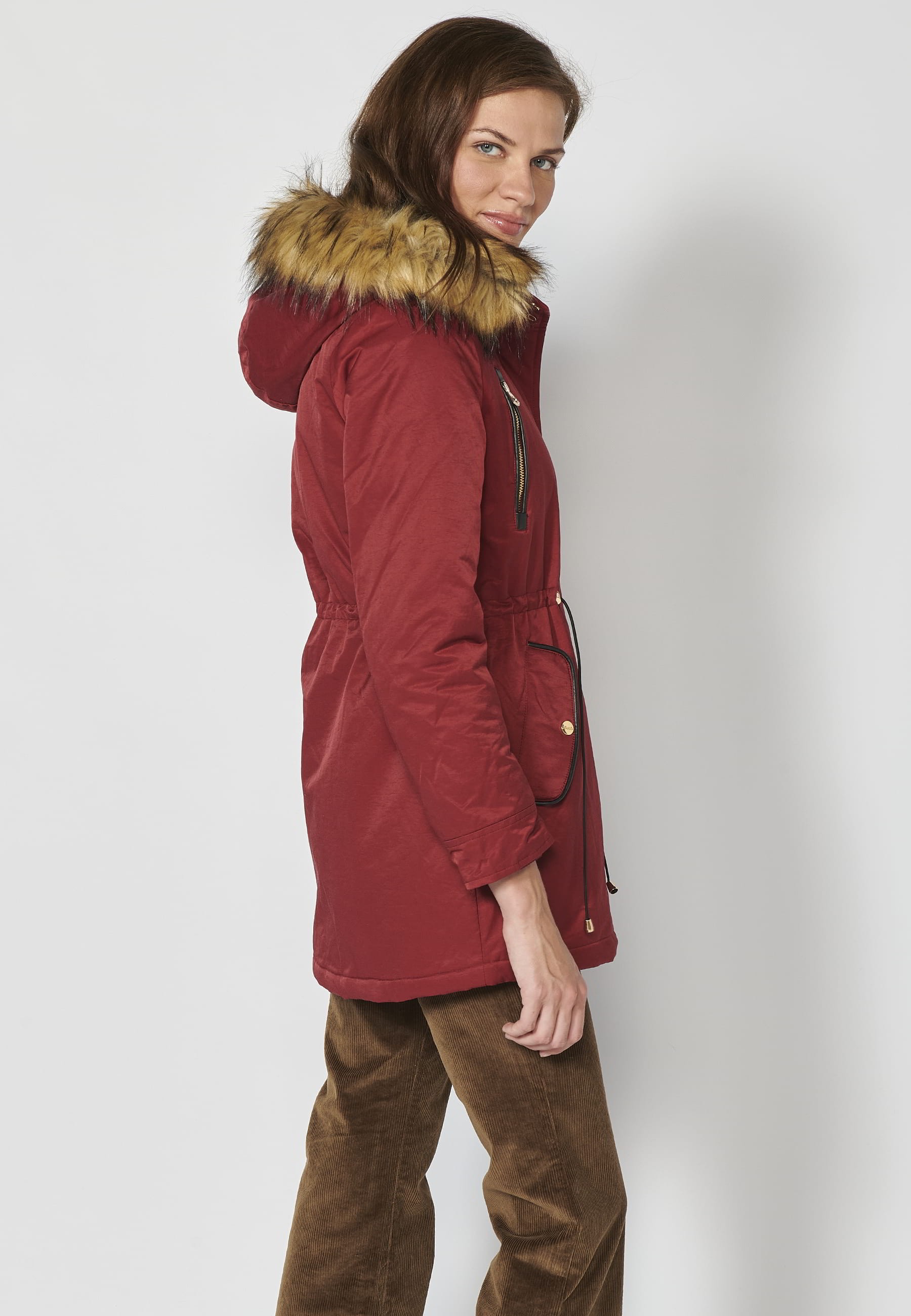 Long padded parka coat with removable hood in Maroon color for Women