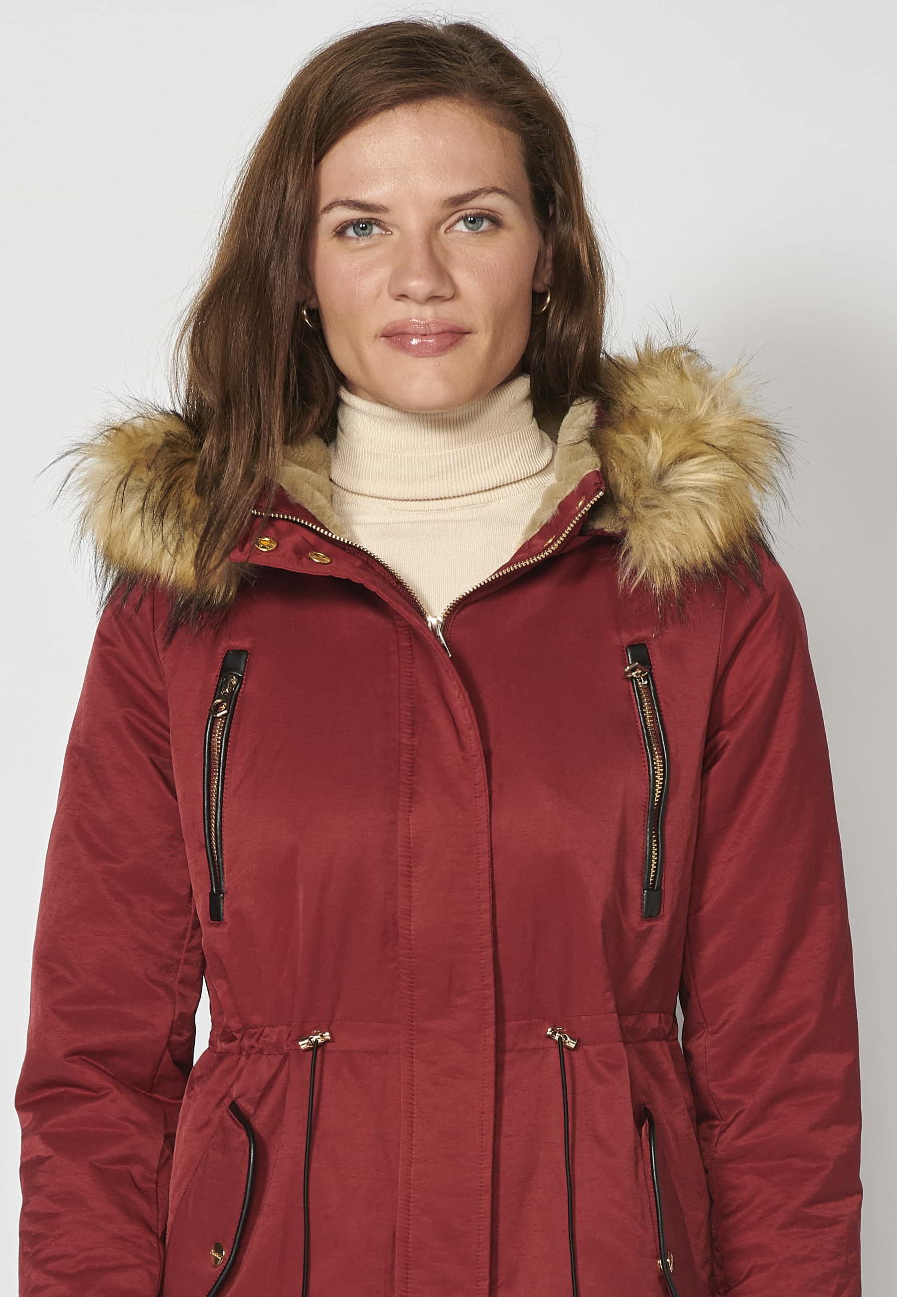 Long padded parka coat with removable hood in Maroon color for Women