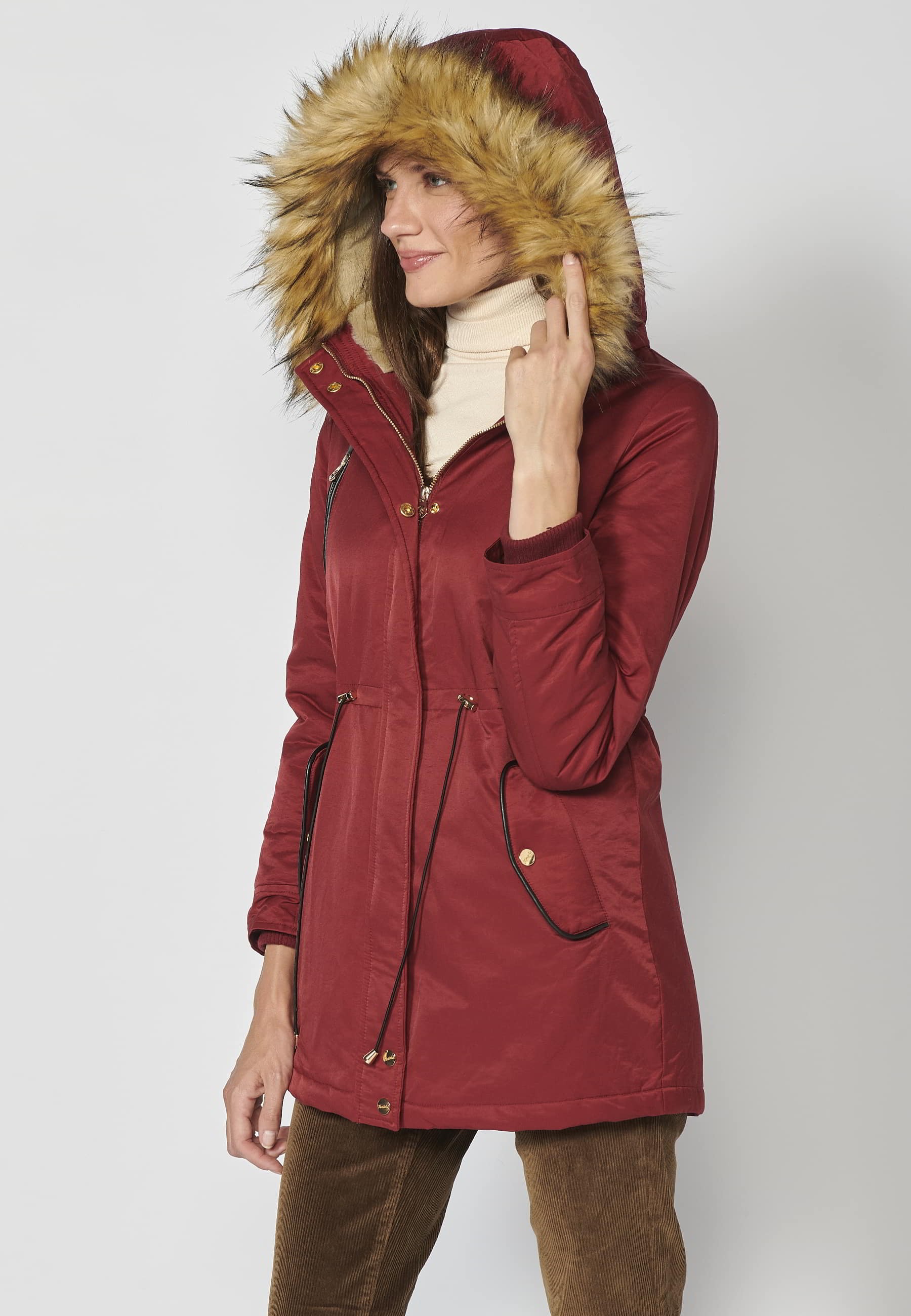 Long padded parka coat with removable hood in Maroon color for Women