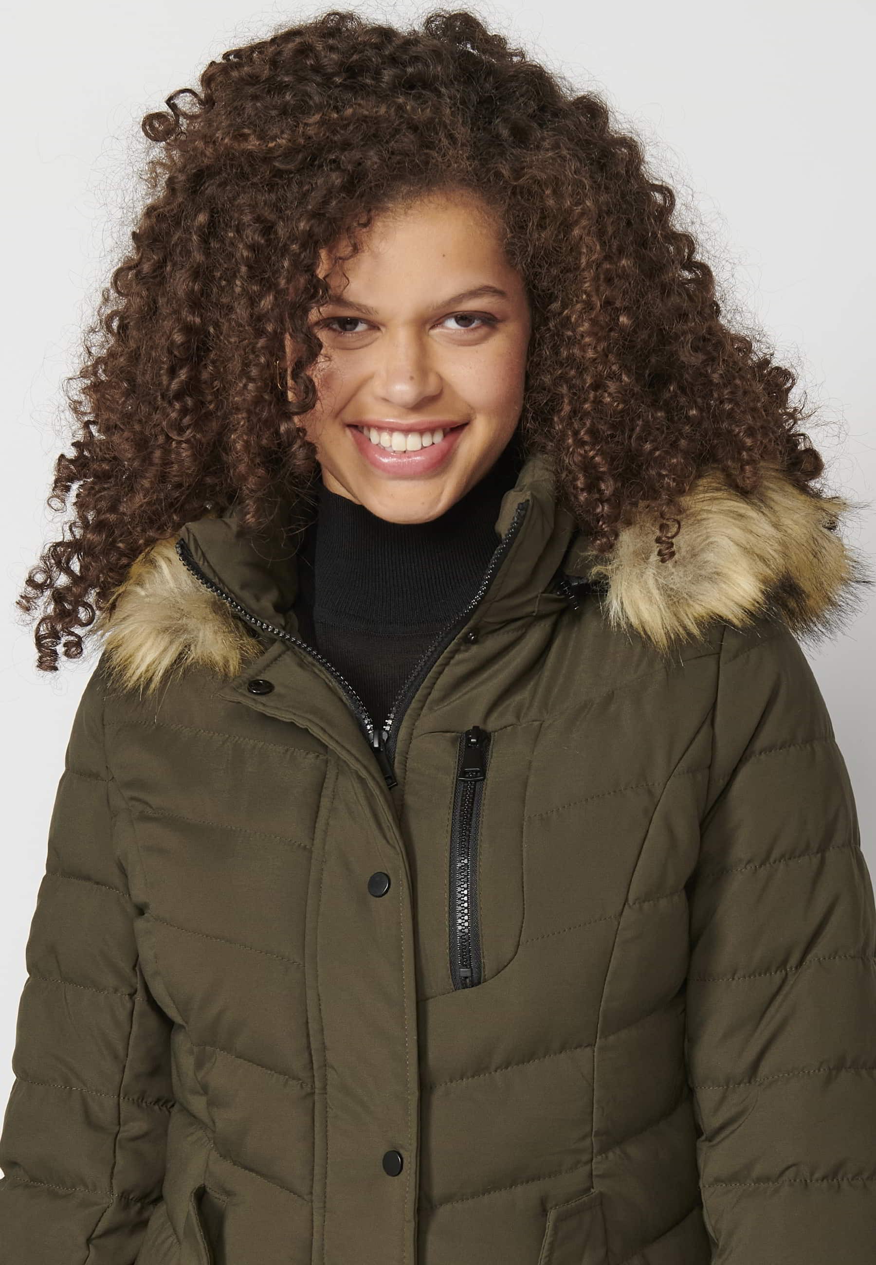 Long-sleeved padded jacket with detachable fur hood in Khaki color for Women